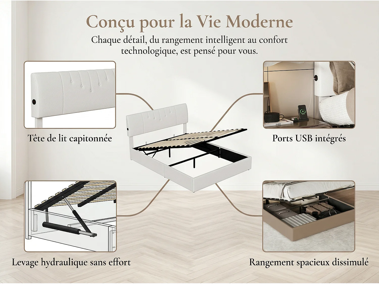 Lit coffre 160x200 cm velours teddy avec LED et USB, cadre de lit rembourré gris, rangement hydraulique, sommier à lattes