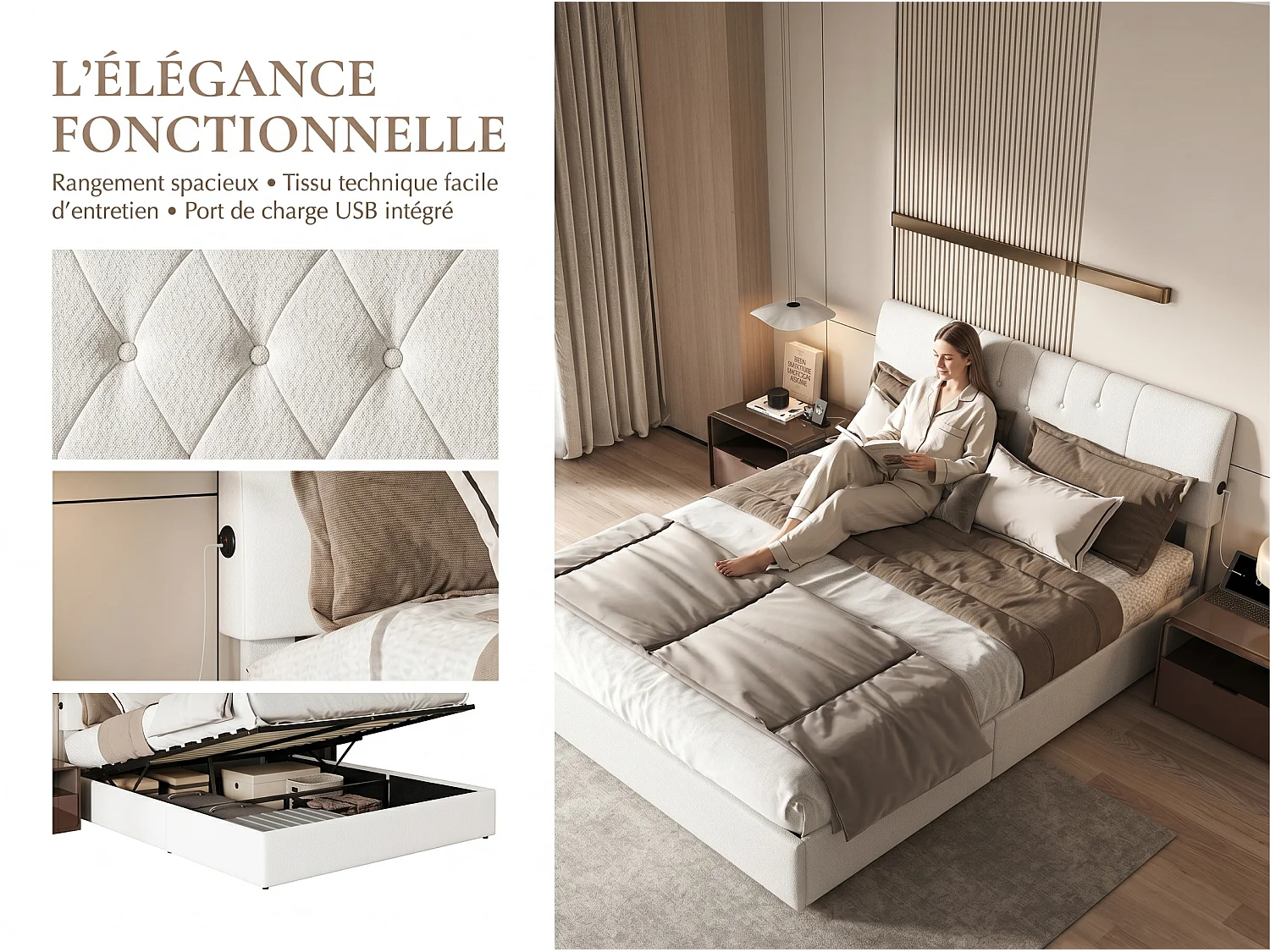 Lit coffre 160 x 200 cm - Rangement hydraulique avec LED et interface USB - Cadre de lit rembourré Blanc