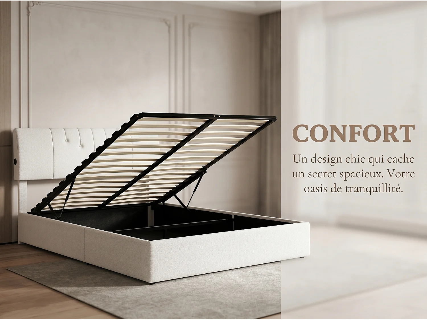 Lit coffre 160 x 200 cm - Rangement hydraulique avec LED et interface USB - Cadre de lit rembourré Blanc