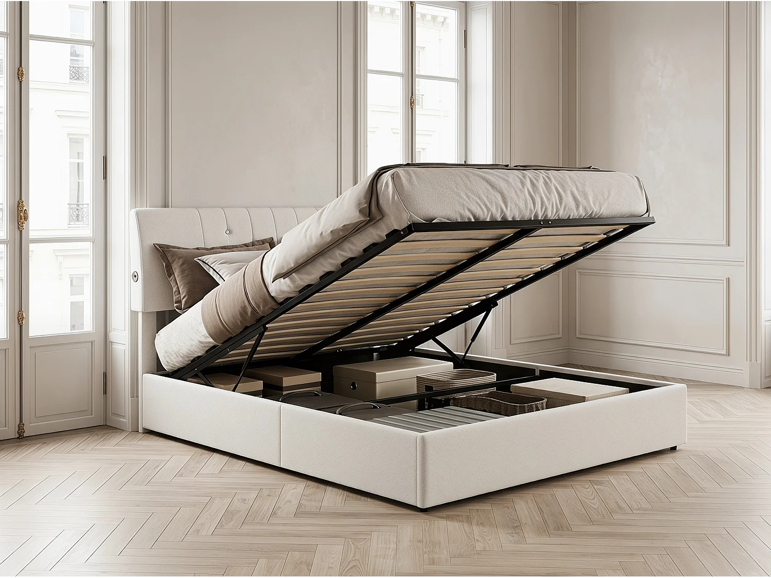 Lit coffre 160 x 200 cm - Rangement hydraulique avec LED et interface USB - Cadre de lit rembourré Blanc
