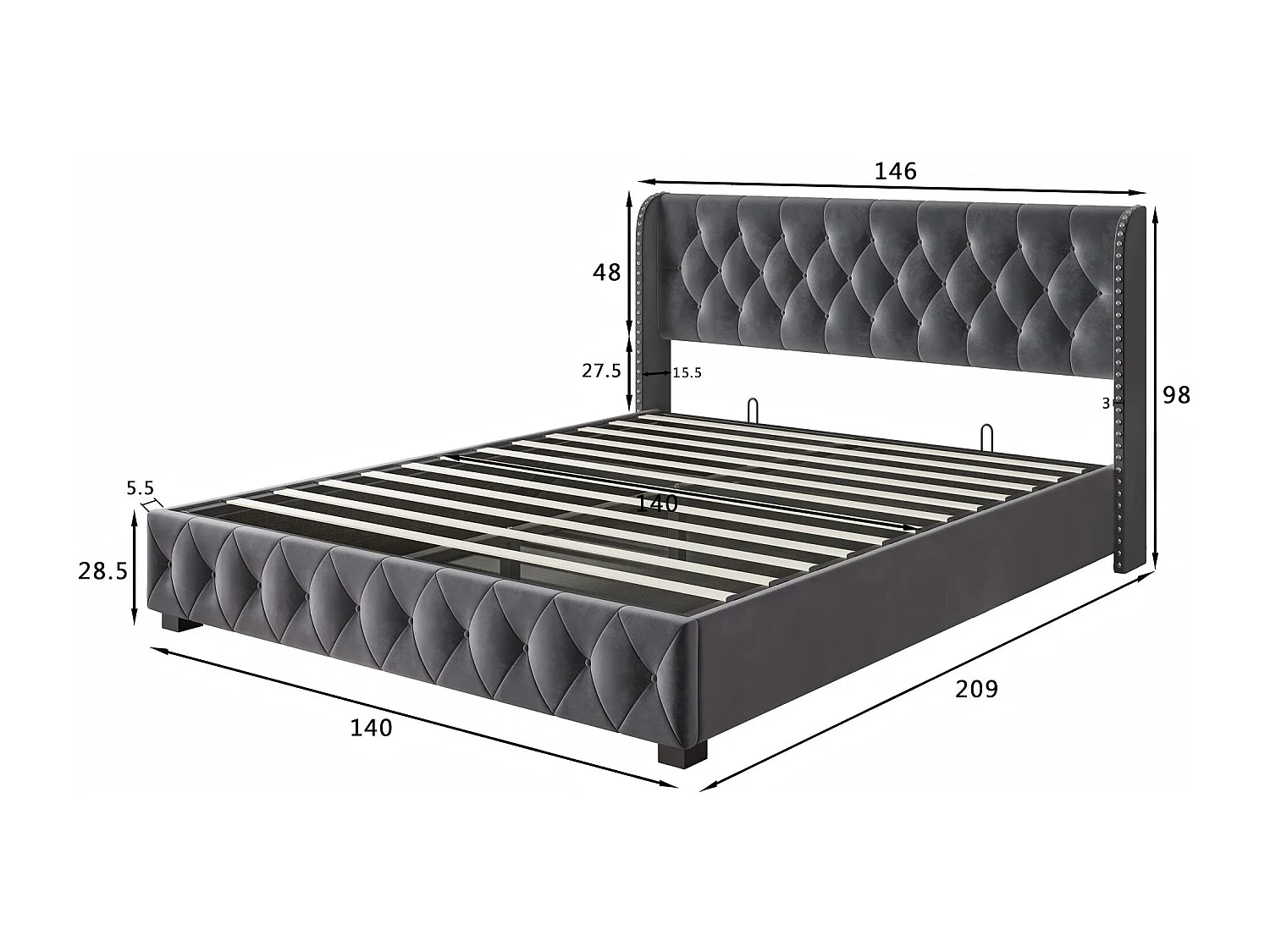 Lit coffre140x200 - gris avec tête de lit capitonnée, clous décoratifs et sommier relevable-en velours