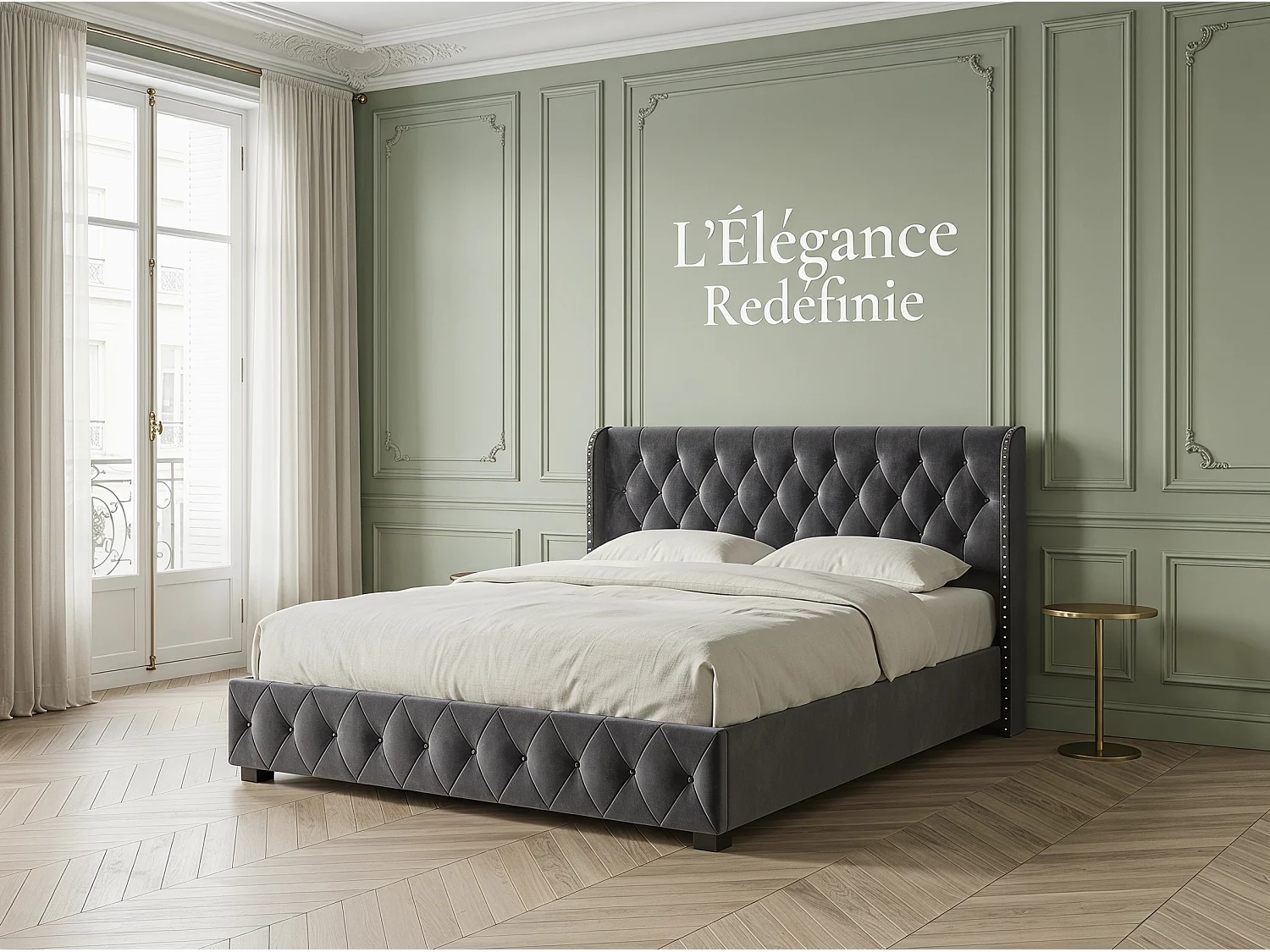Lit coffre140x200 - gris avec tête de lit capitonnée, clous décoratifs et sommier relevable-en velours