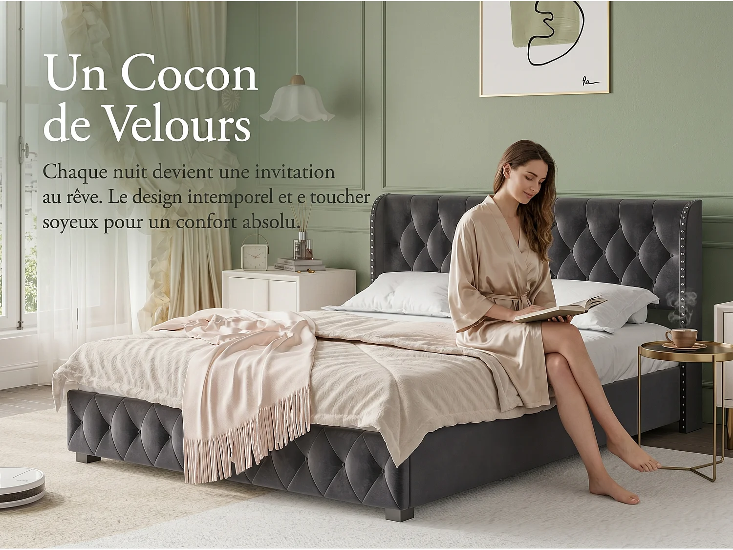 Lit coffre140x200 - gris avec tête de lit capitonnée, clous décoratifs et sommier relevable-en velours
