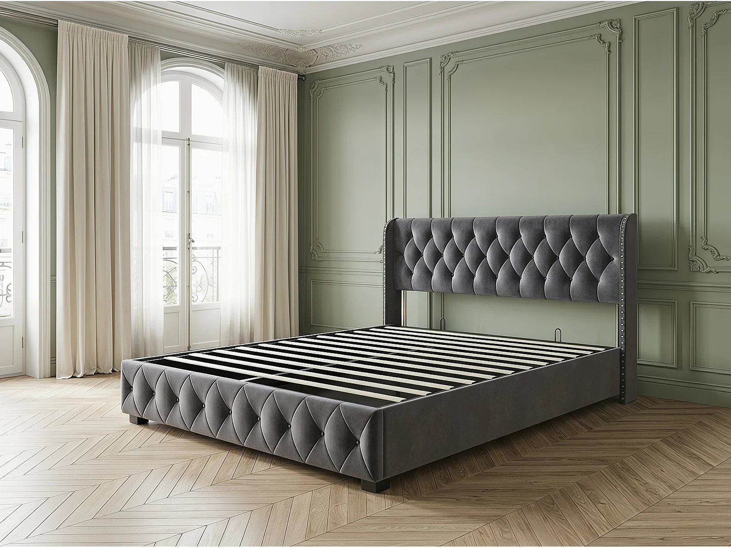 Lit coffre140x200 - gris avec tête de lit capitonnée, clous décoratifs et sommier relevable-en velours