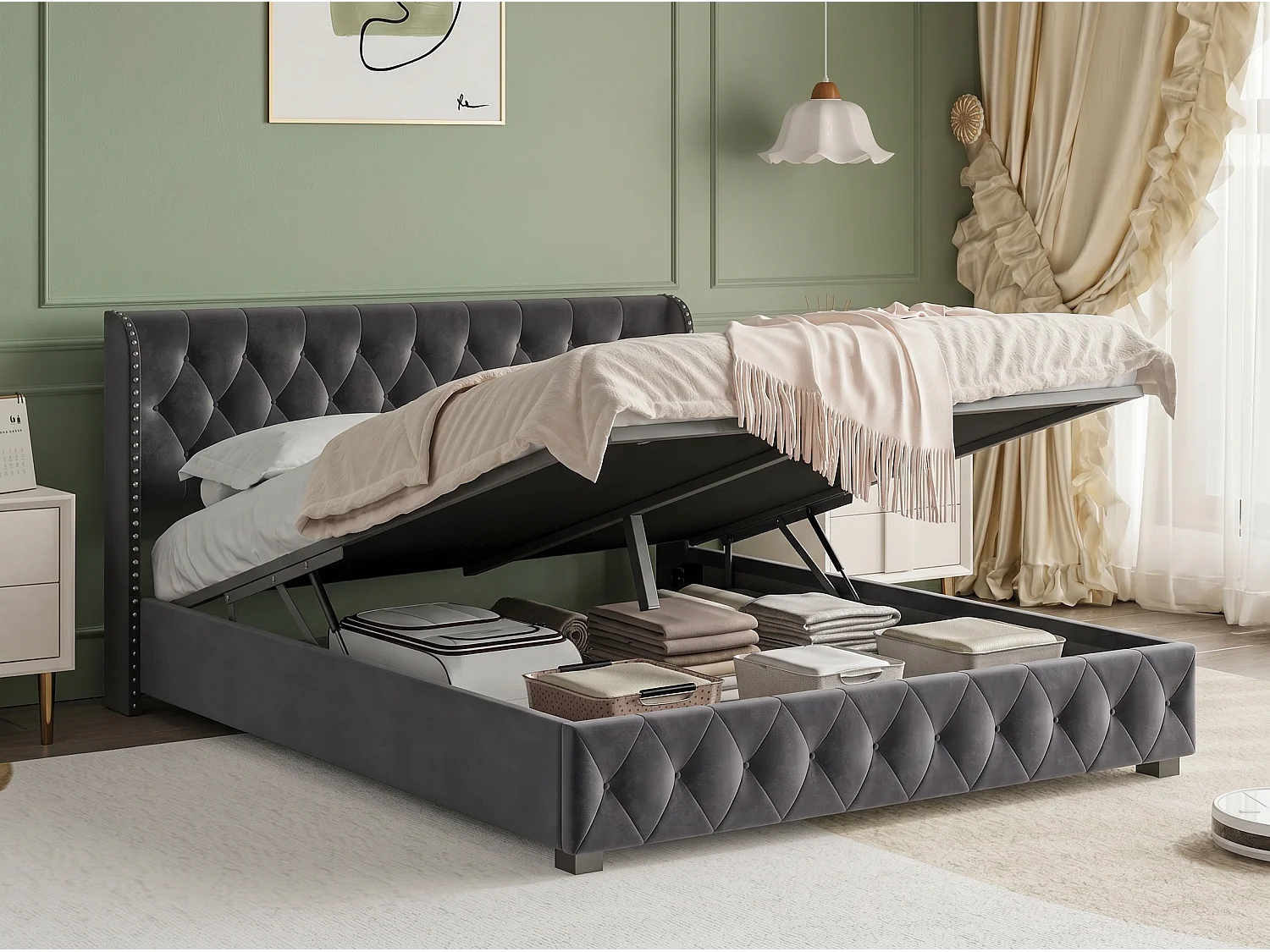 Lit coffre140x200 - gris avec tête de lit capitonnée, clous décoratifs et sommier relevable-en velours