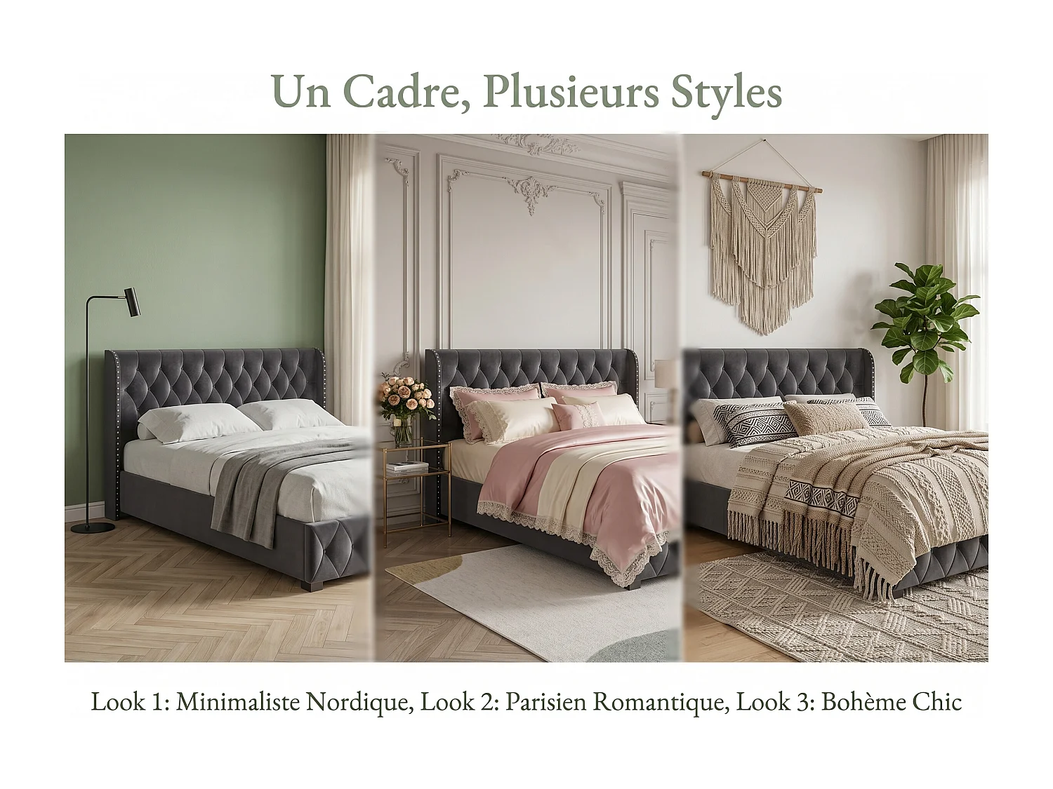 Lit coffre140x200 - gris avec tête de lit capitonnée, clous décoratifs et sommier relevable-en velours