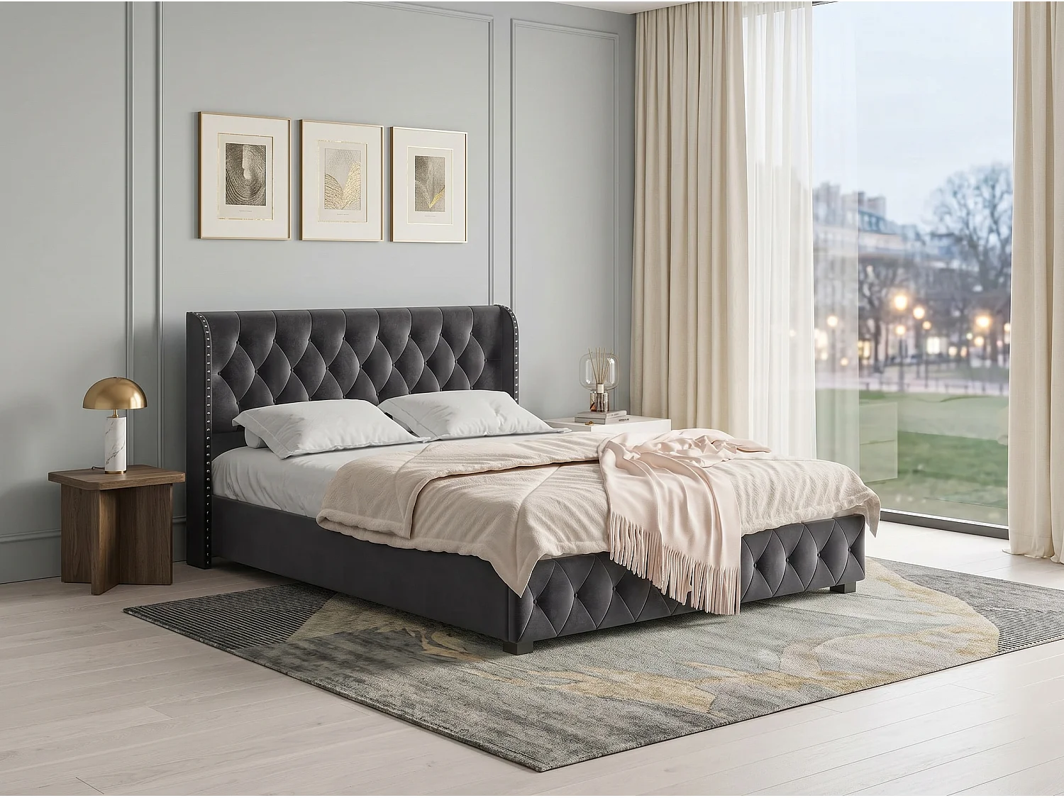 Lit coffre140x200 - gris avec tête de lit capitonnée, clous décoratifs et sommier relevable-en velours