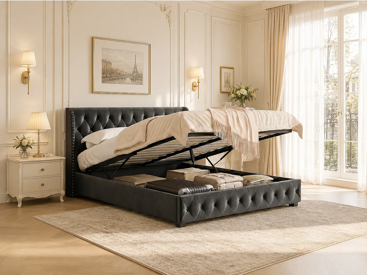 Lit coffre140x200 - gris avec tête de lit rembourré, clous décoratifs et sommier relevable-en velours