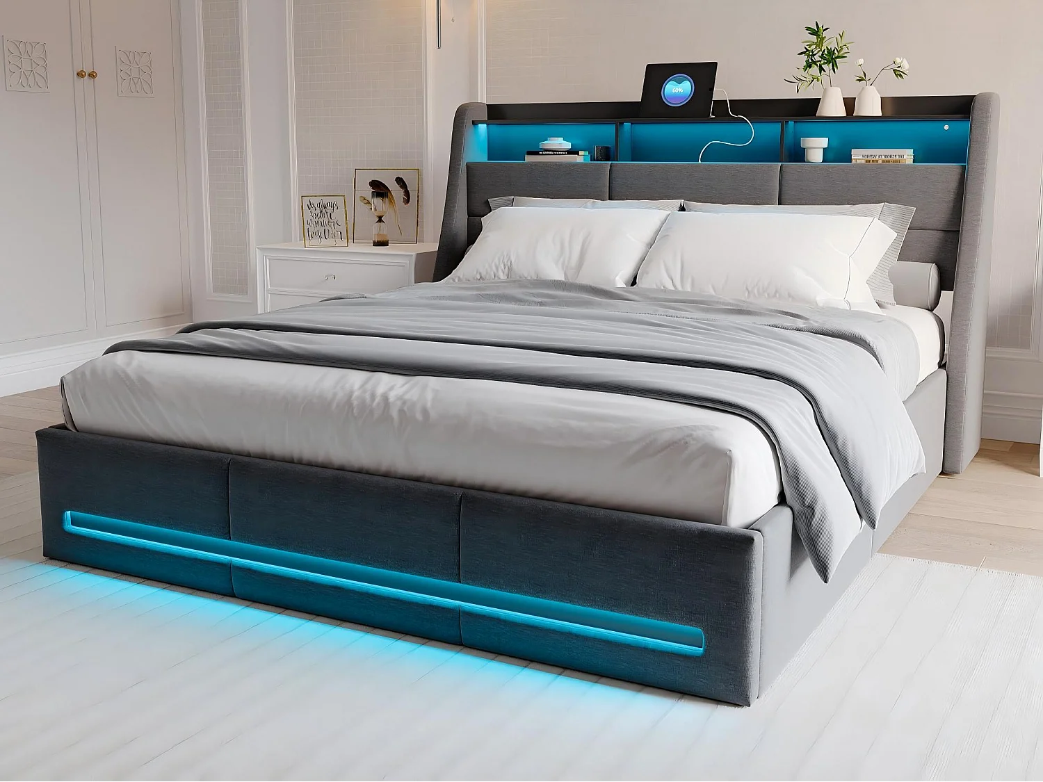 Lit coffre 140x200 cm LED RGB, lit tissu gris avec rangement hydraulique, tête de lit avec étagères et prises