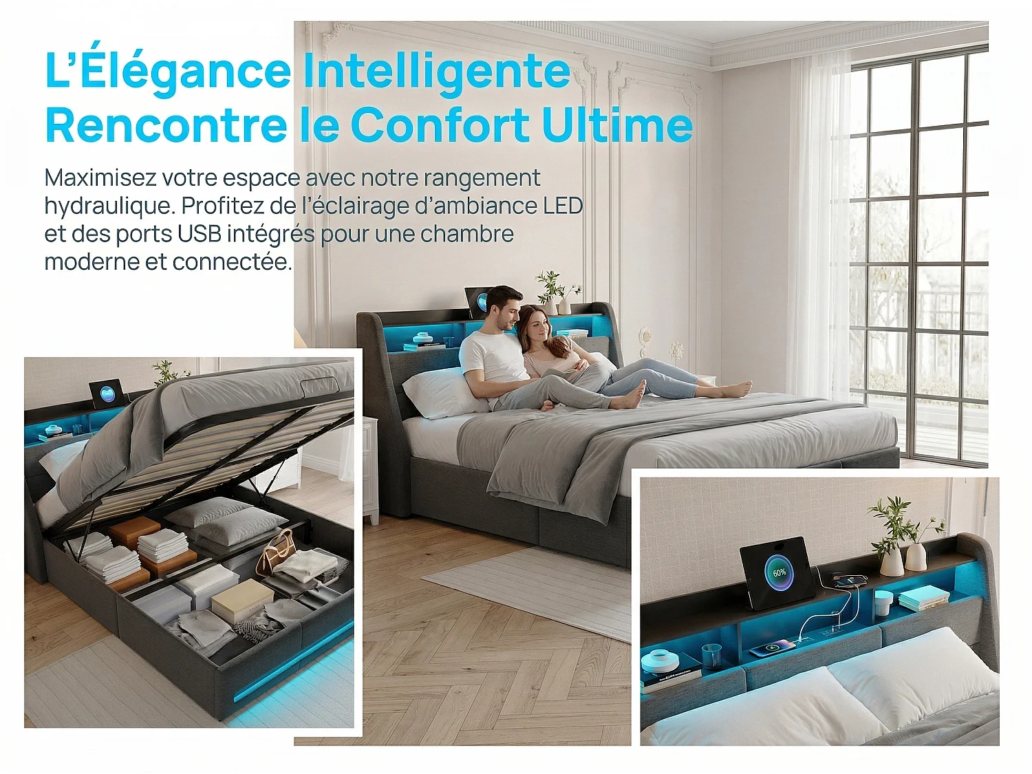 Lit coffre 140x200 cm - LED RGB intégrée - Lit tissu gris - Rangement hydraulique - Tête de lit avec étagères et prises