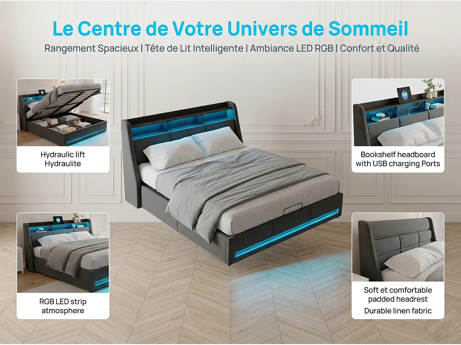 Lit coffre 140x200 cm - LED RGB intégrée - Lit tissu gris - Rangement hydraulique - Tête de lit avec étagères et prises