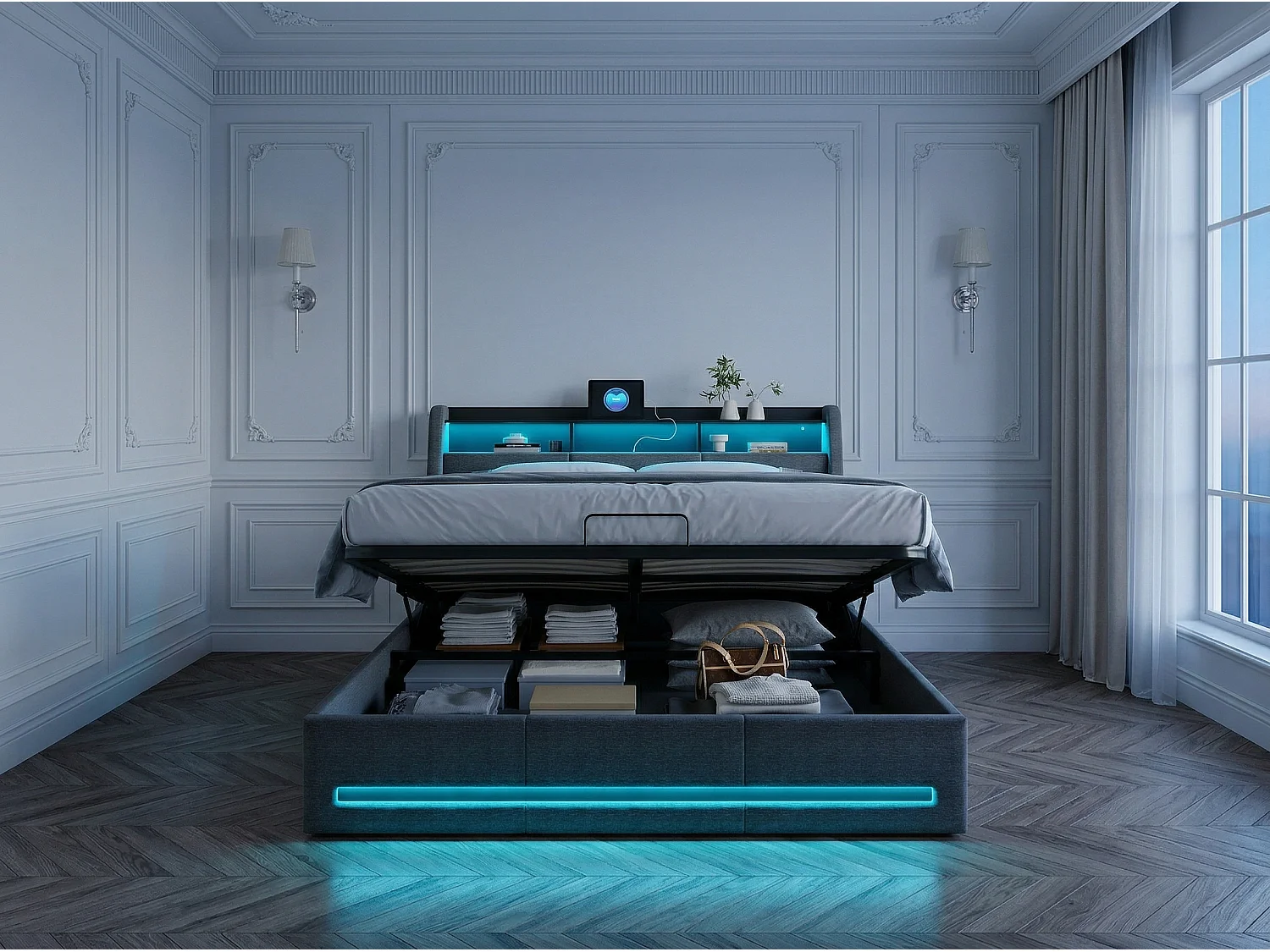 Lit coffre 140x200 cm - LED RGB intégrée - Lit tissu gris - Rangement hydraulique - Tête de lit avec étagères et prises
