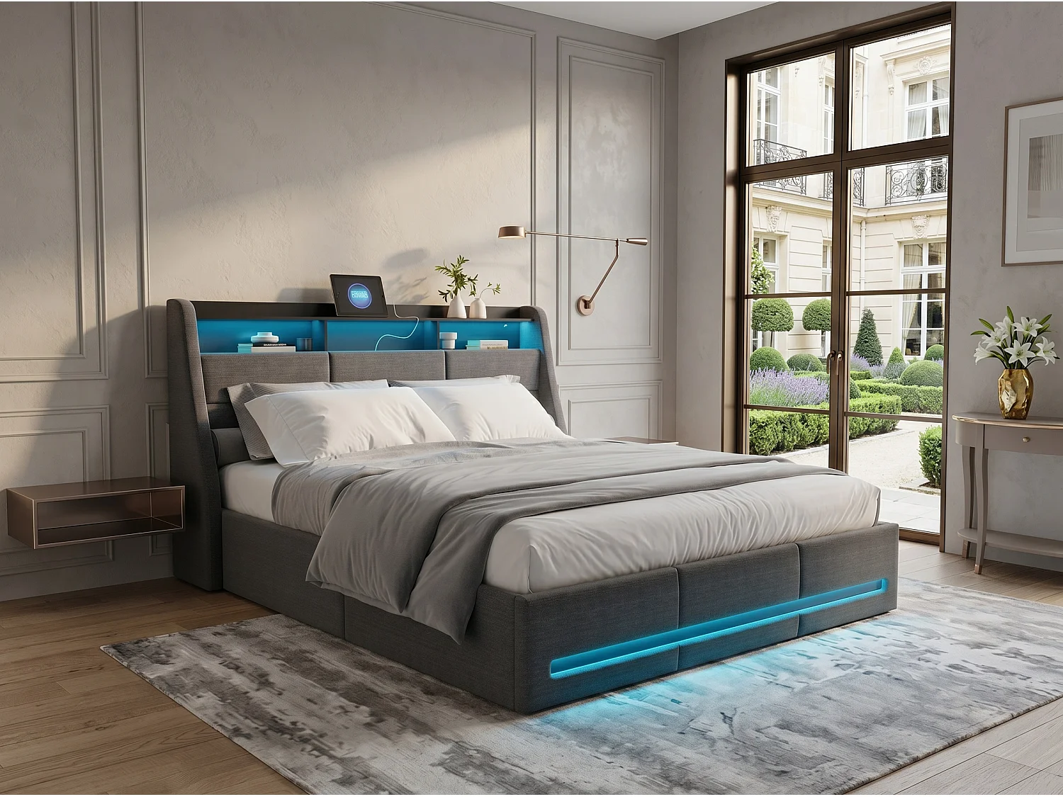 Lit coffre 140x200 cm - LED RGB intégrée - Lit tissu gris - Rangement hydraulique - Tête de lit avec étagères et prises