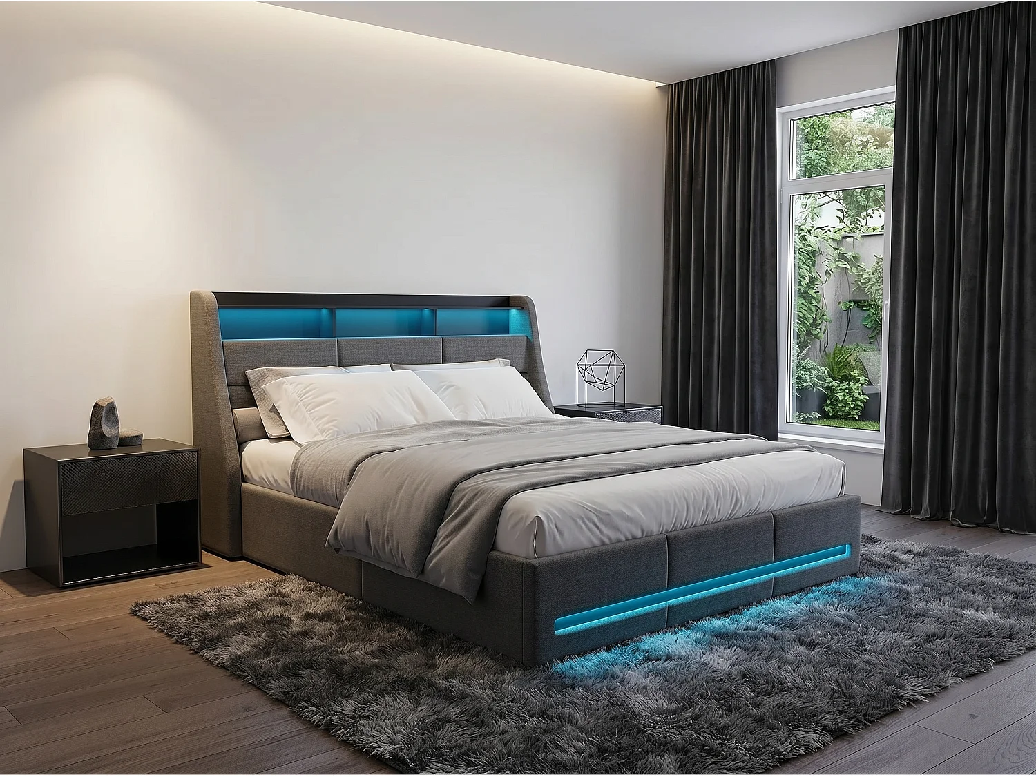 Lit double coffre 140x200cm - Éclairage LED RGB intégré - Lit en tissu gris - Rangement hydraulique - avec prise intégrée