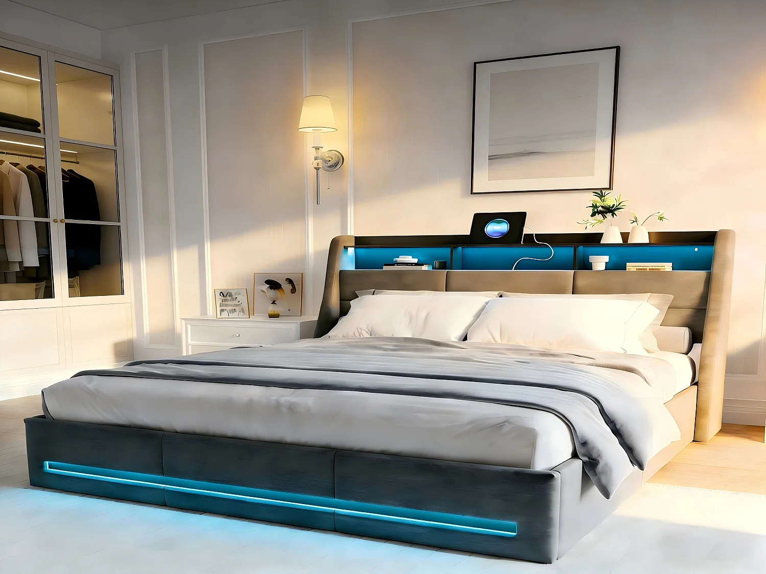 Lit coffre 140x200 cm LED RGB, lit tissu gris avec rangement hydraulique, tête de lit avec étagères et prises