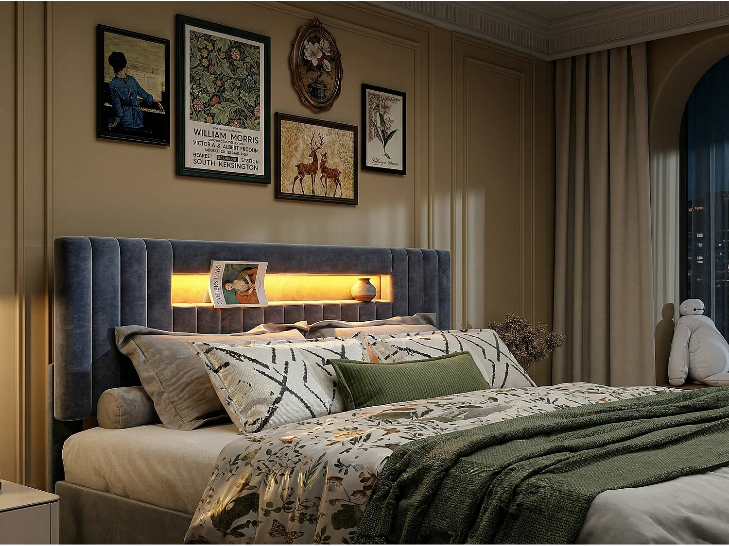 Lit coffre 140x200 cm - LED RGB intégrée - Velours gris - Rangement intégré - Lit double - Sommier à lattes