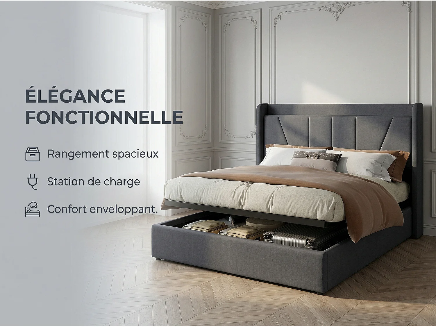 Lit coffre 160x200 cm - USB et Type-C - Tête de lit avec étagère - Sommier relevable - Grand rangement - Design moderne