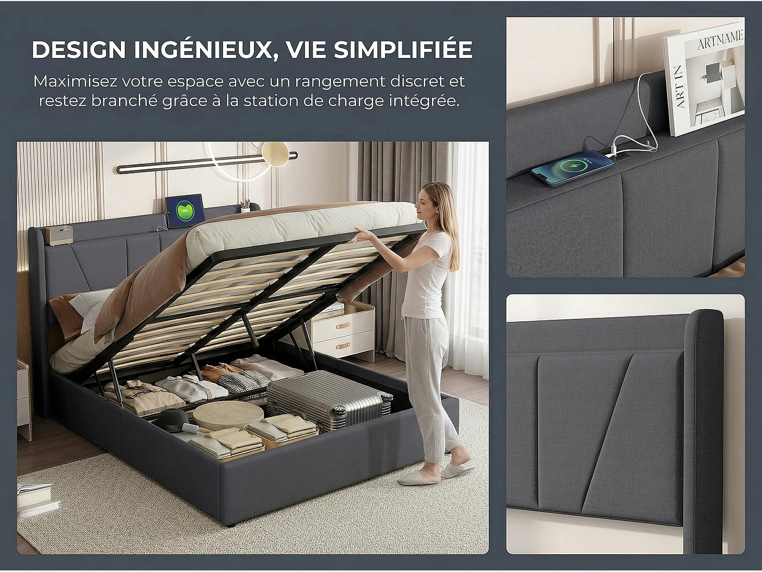 Lit coffre 160x200 cm - USB et Type-C - Tête de lit avec étagère - Sommier relevable - Grand rangement - Design moderne