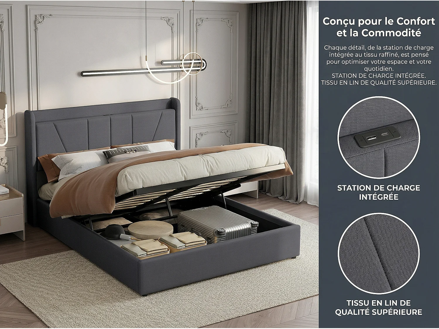 Lit coffre 160x200 cm - USB et Type-C - Tête de lit avec étagère - Sommier relevable - Grand rangement - Design moderne