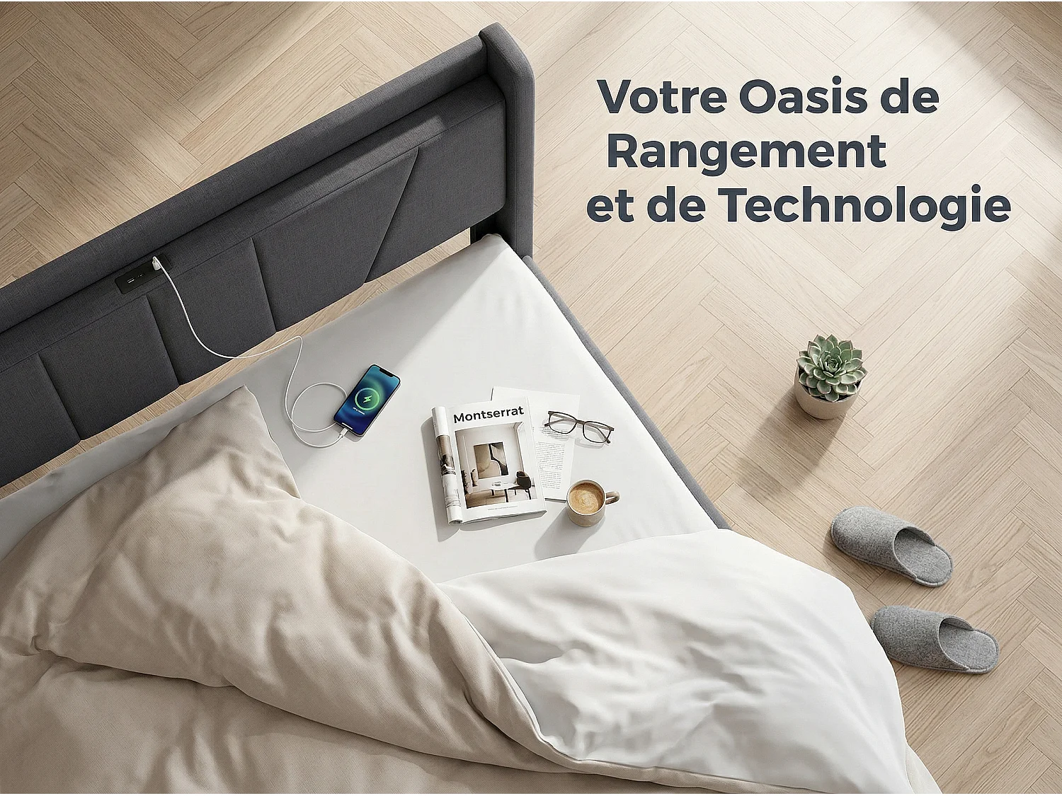 Lit coffre 160x200 cm - USB et Type-C - Tête de lit avec étagère - Sommier relevable - Grand rangement - Design moderne