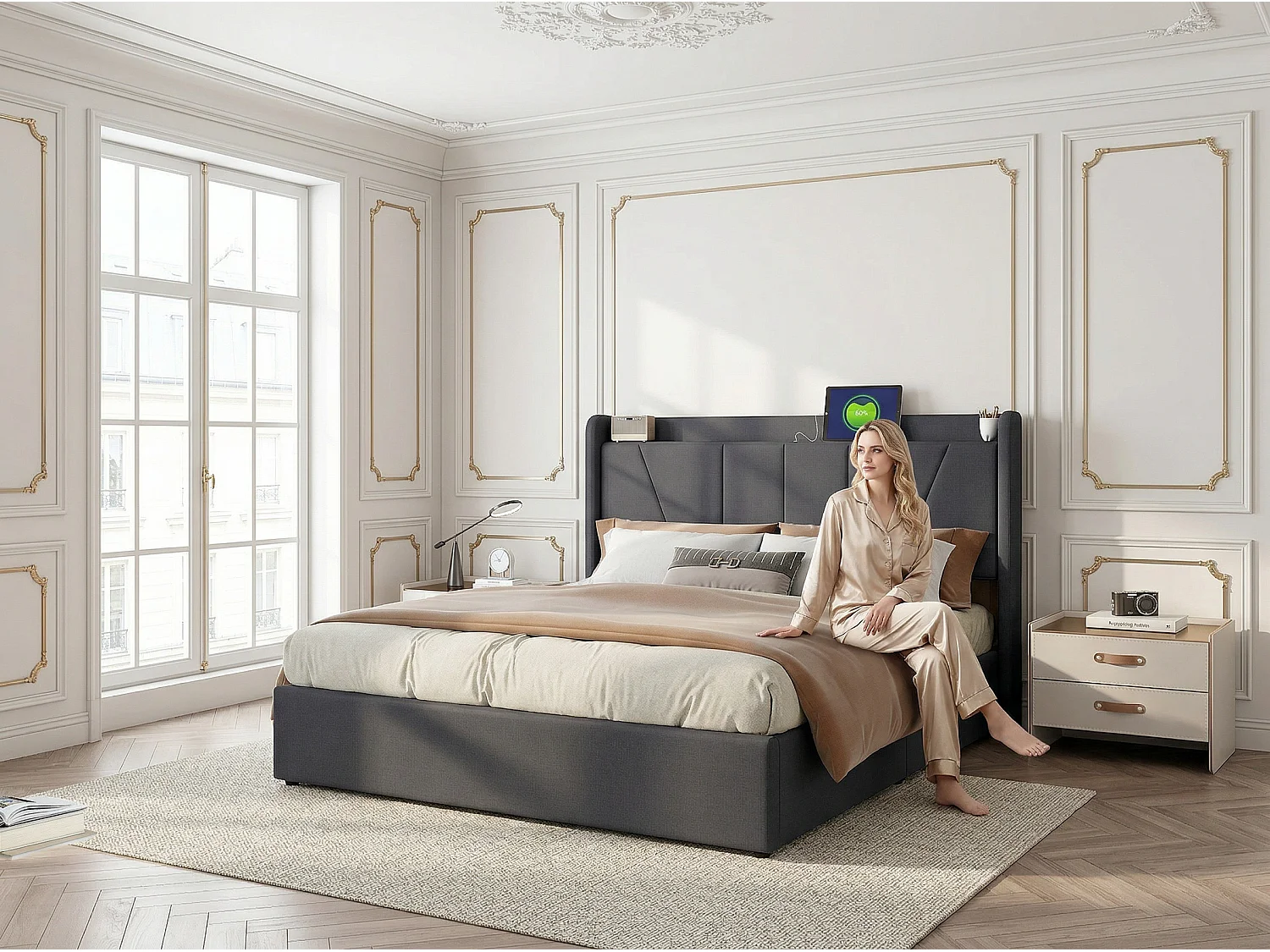 Lit coffre 160x200 cm - USB et Type-C - Tête de lit avec étagère - Sommier relevable - Grand rangement - Design moderne