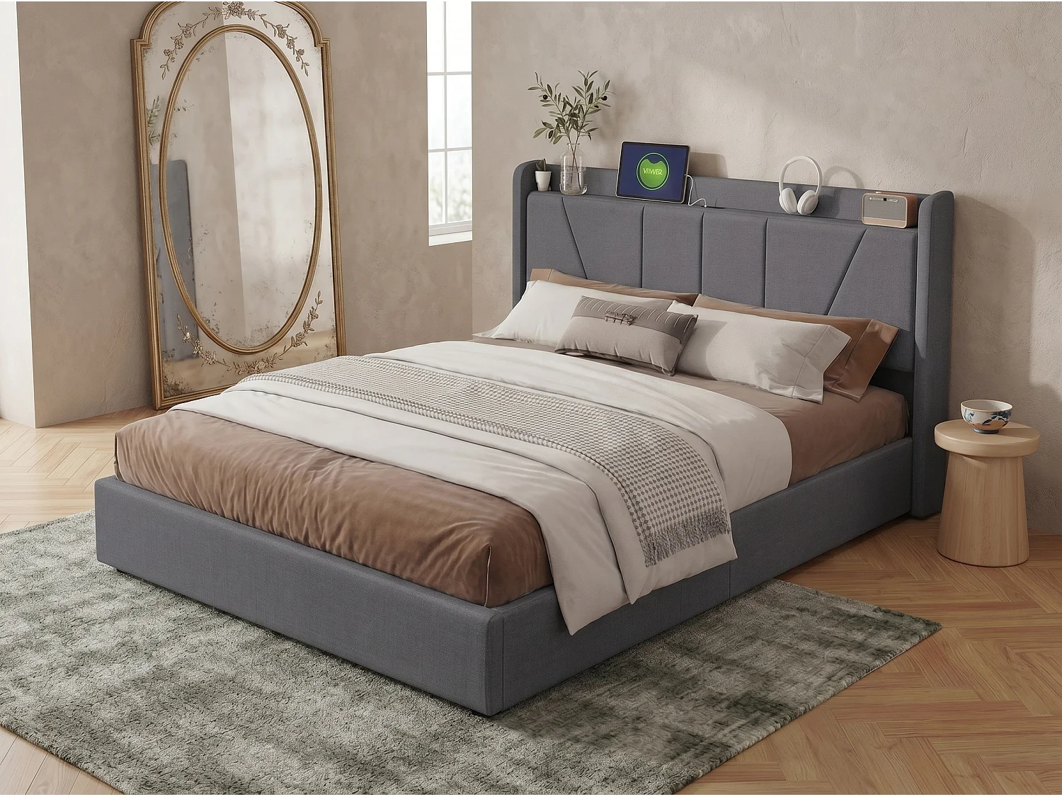 Lit coffre 160x200 cm - USB et Type-C - Tête de lit avec étagère - Sommier relevable - Grand rangement - Design moderne