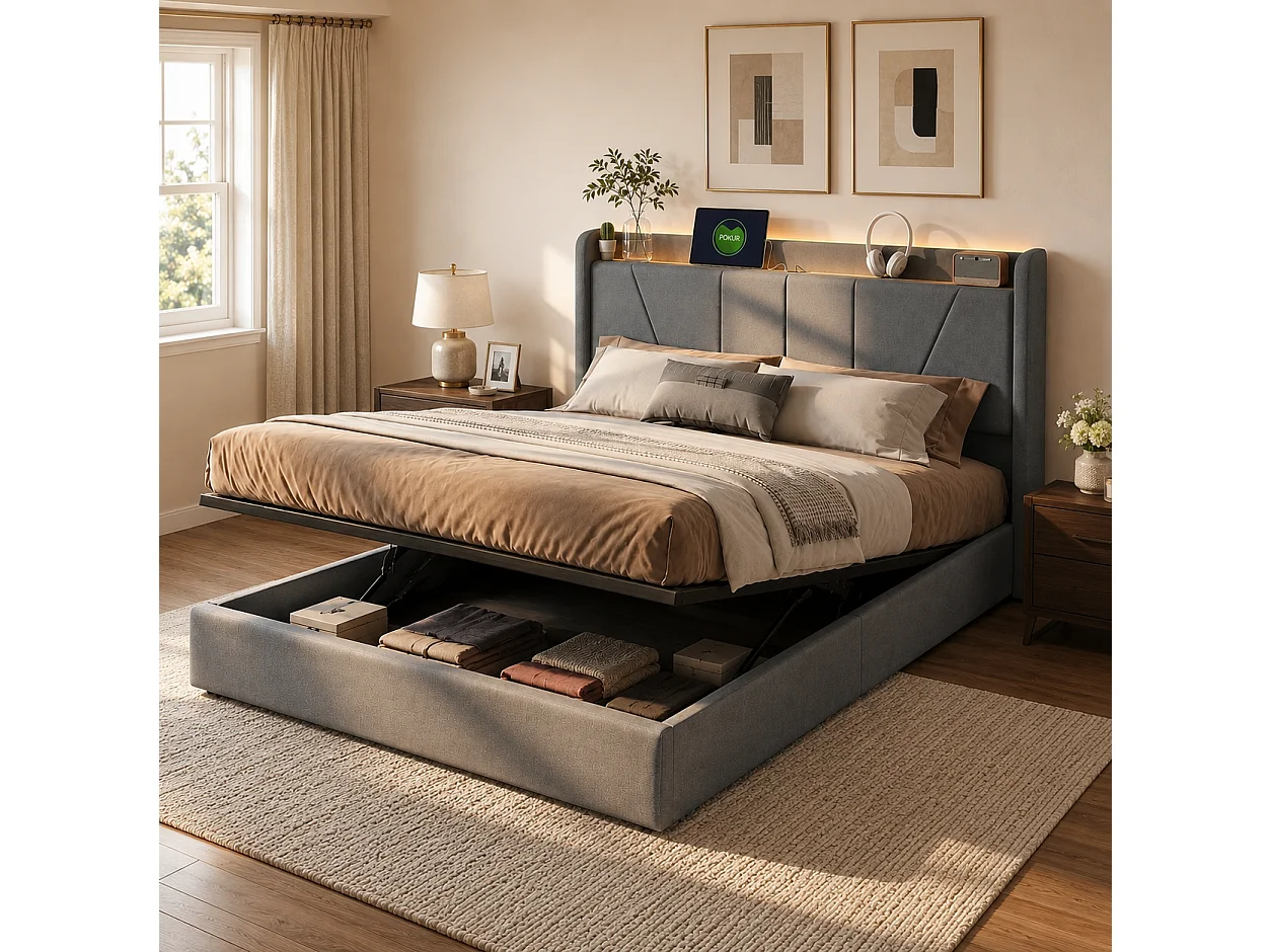 Lit coffre 160x200 cm - USB et Type-C - Tête de lit avec étagère - Sommier relevable - Grand rangement - Design moderne
