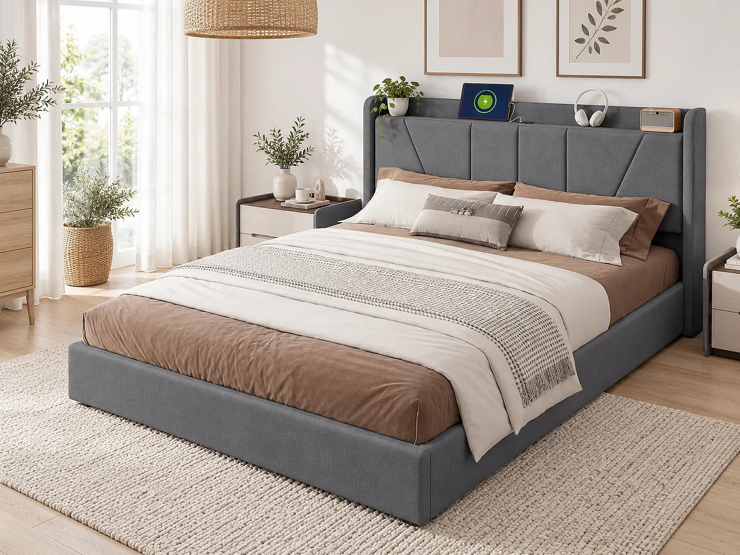 Lit coffre 160x200 cm - USB et Type-C - Tête de lit avec étagère - Sommier relevable - Grand rangement - Design moderne