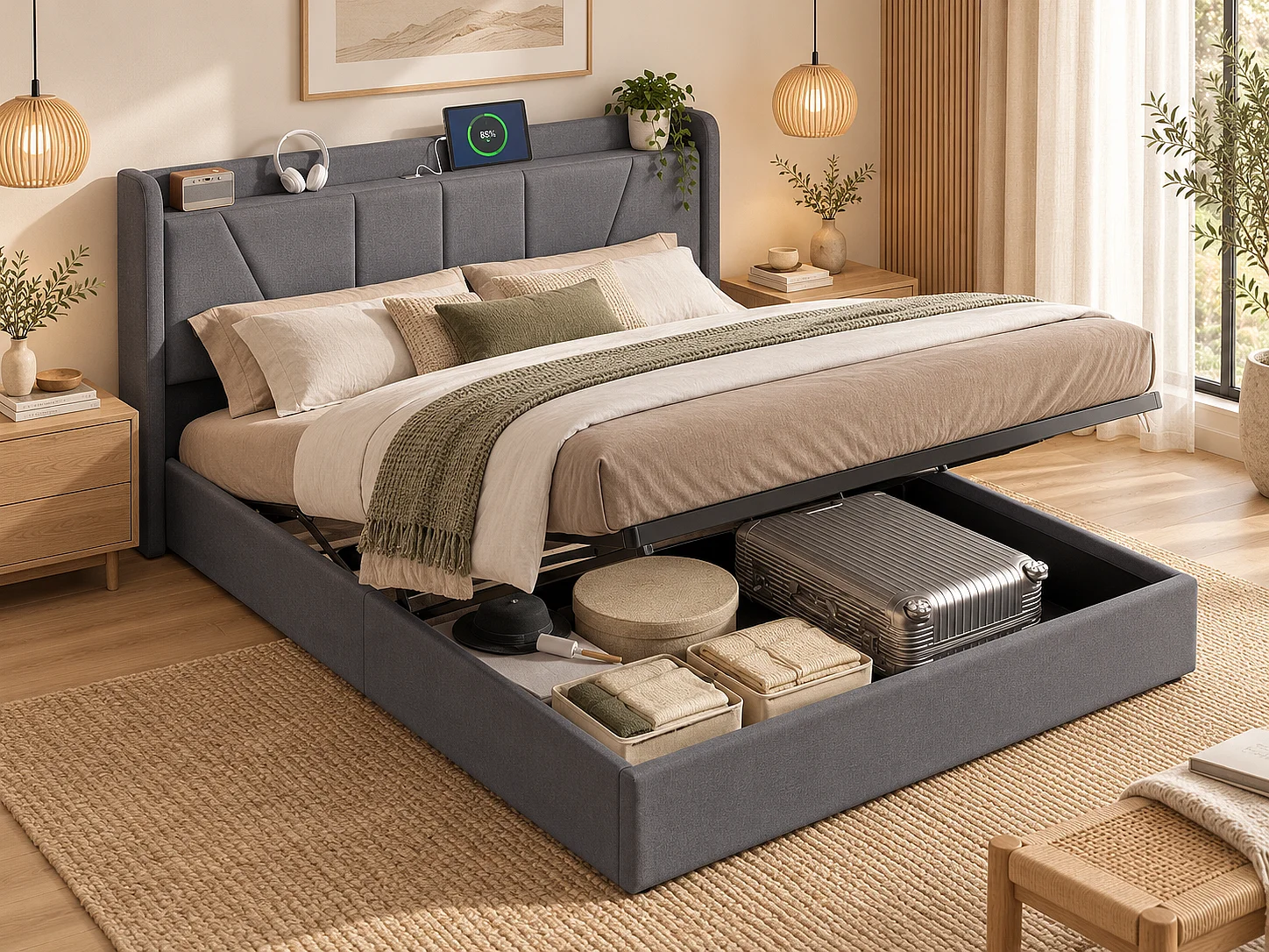 Lit coffre 160x200 cm - USB et Type-C - Tête de lit avec étagère - Sommier relevable - Grand rangement - Design moderne