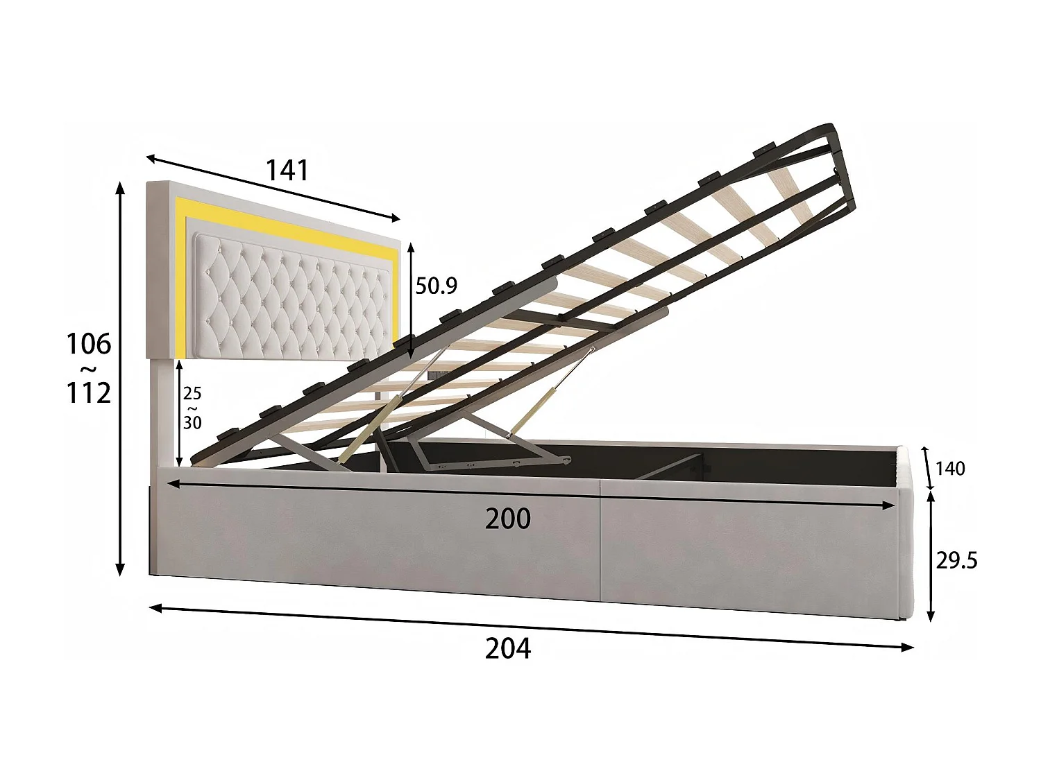 Lit coffre capitonné velours  avec LED, lit double avec rangement hydraulique, tête de lit design moderne