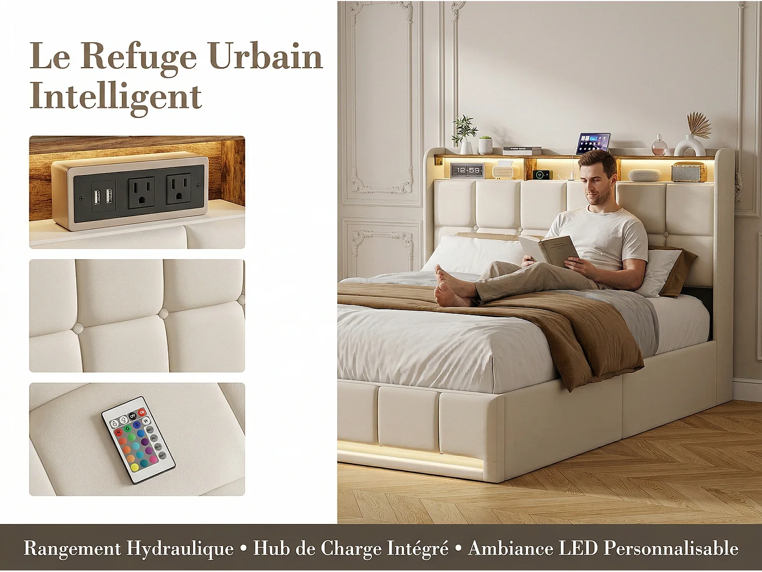 Lit coffre tissu lin avec LED et USB Type-C, lit double avec rangement tête de lit, design moderne