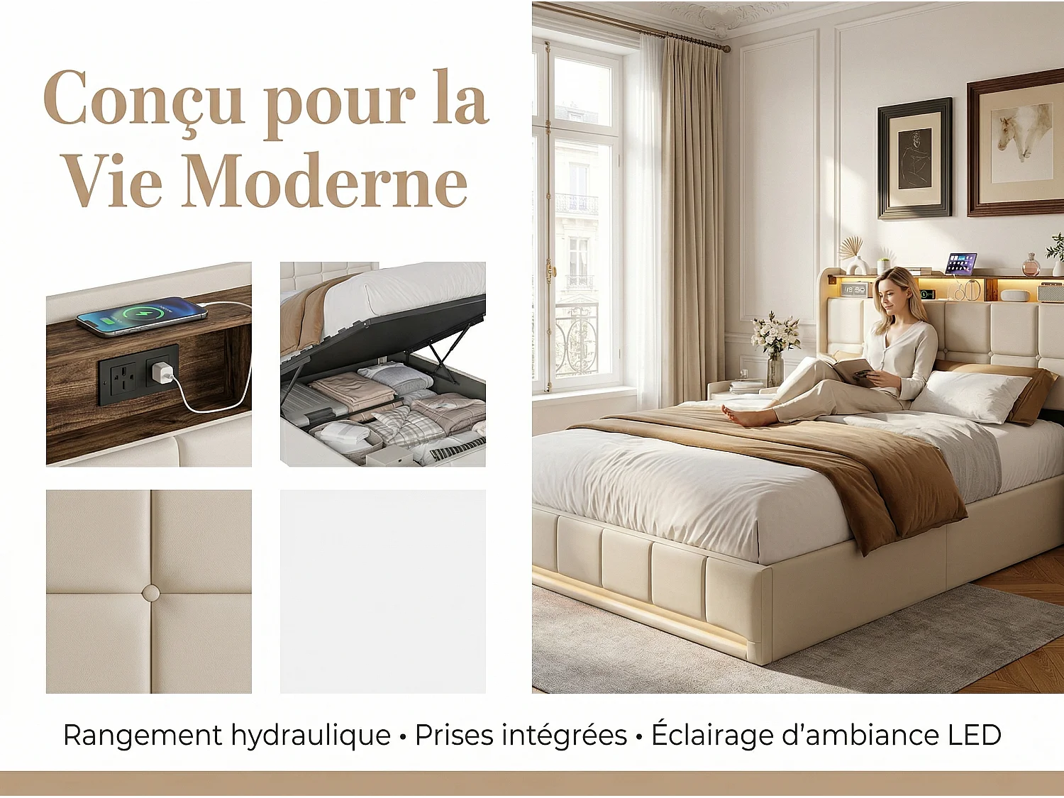 Lit coffre tissu lin avec LED et USB Type-C, lit double avec rangement tête de lit, design moderne