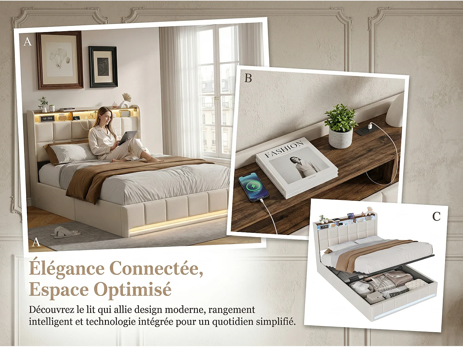 Lit coffre 140x190 cm beige avec LED USB, tête de lit rangement et sommier à lattes, lit double rembourré
