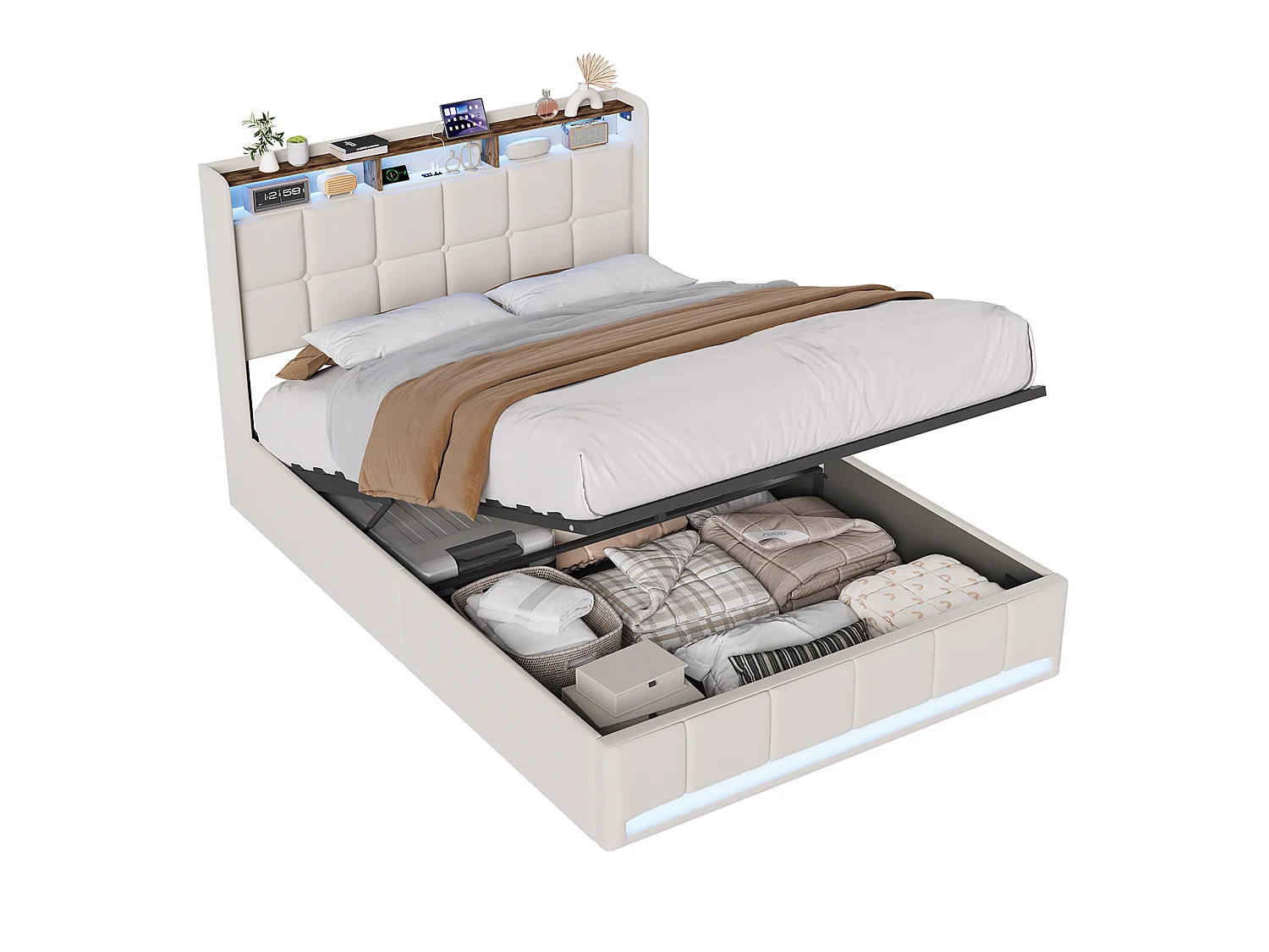 Lit coffre 140x190 cm beige avec LED USB, tête de lit rangement et sommier à lattes, lit double rembourré