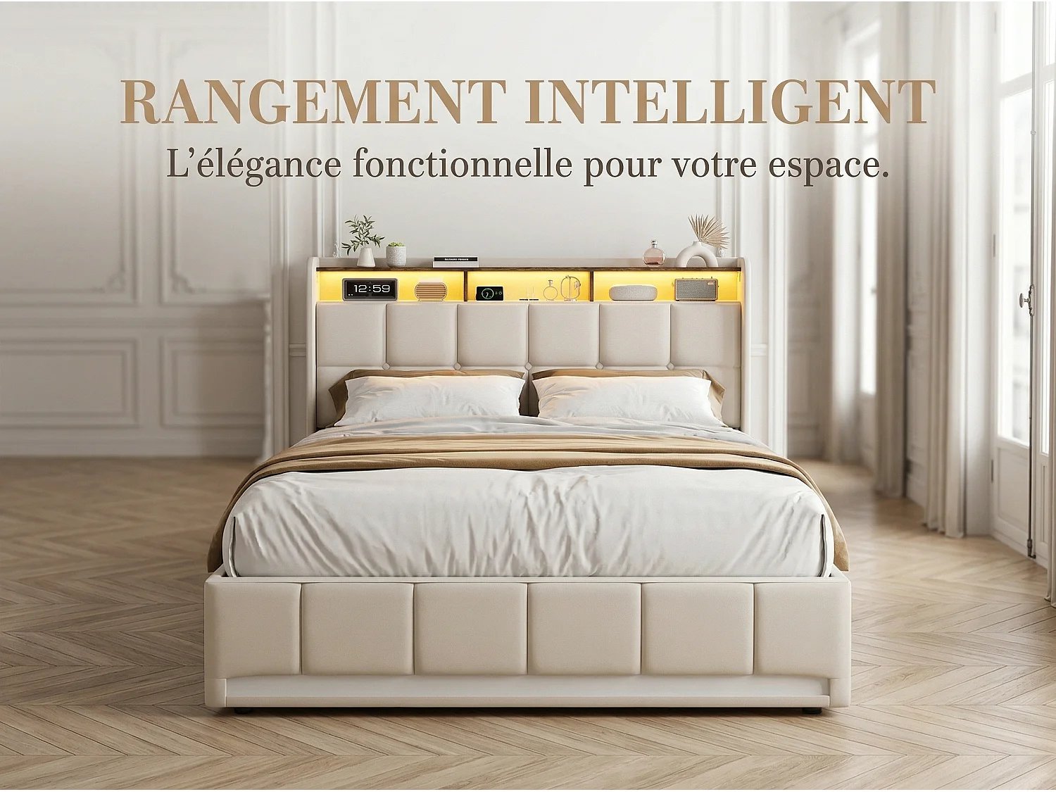Lit coffre 140x190 cm beige avec LED USB, tête de lit rangement et sommier à lattes, lit double rembourré