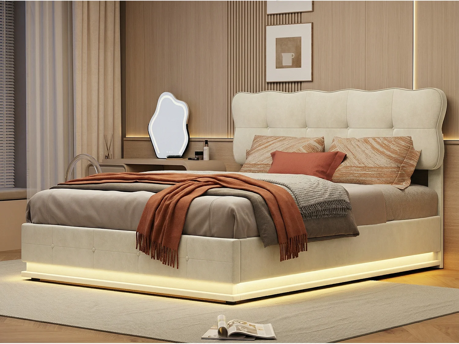 Lit coffre 140x200 cm avec LED RGB, lit capitonné velours beige, sommier relevable, grand rangement, design moderne