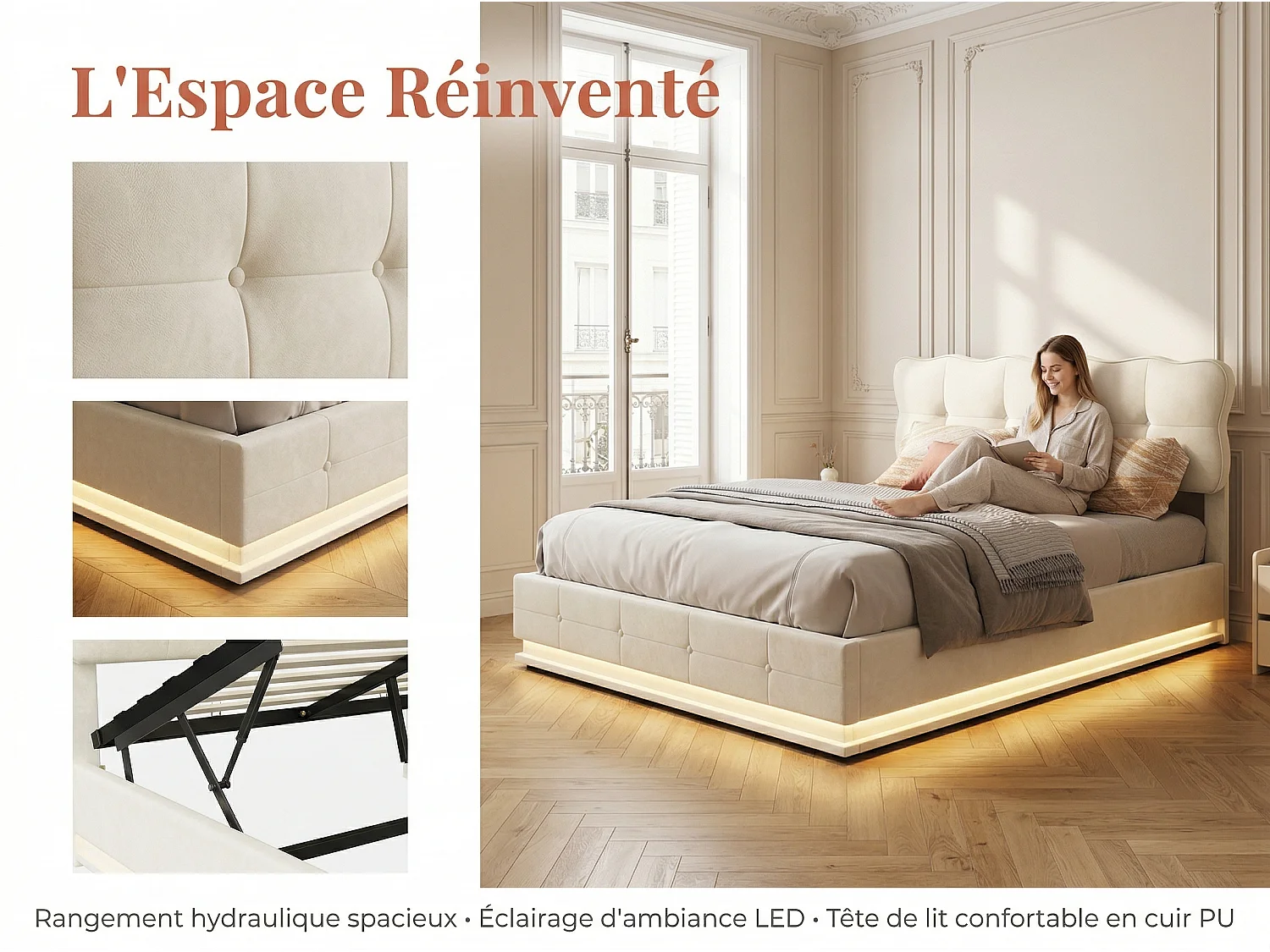 Lit coffre 140x200 cm avec LED RGB, lit capitonné velours beige, sommier relevable, grand rangement, design moderne
