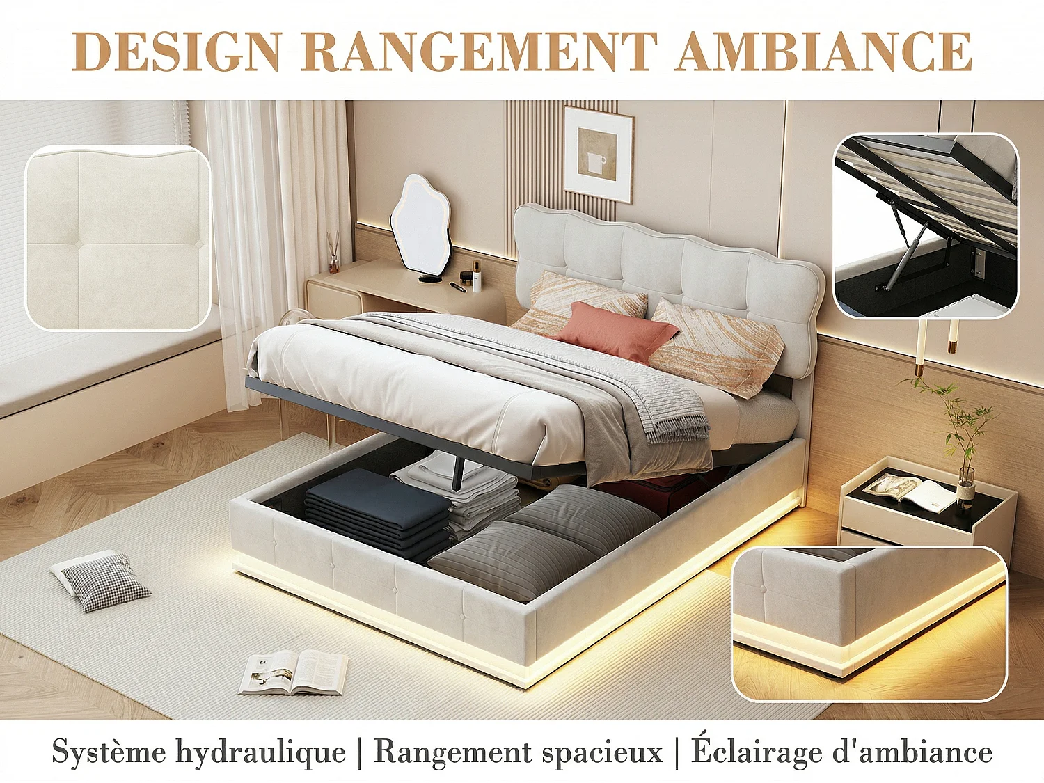 Lit coffre 140x200 cm - Lit rembourré velours Beige -avec LED - Sommier à lattes en bois