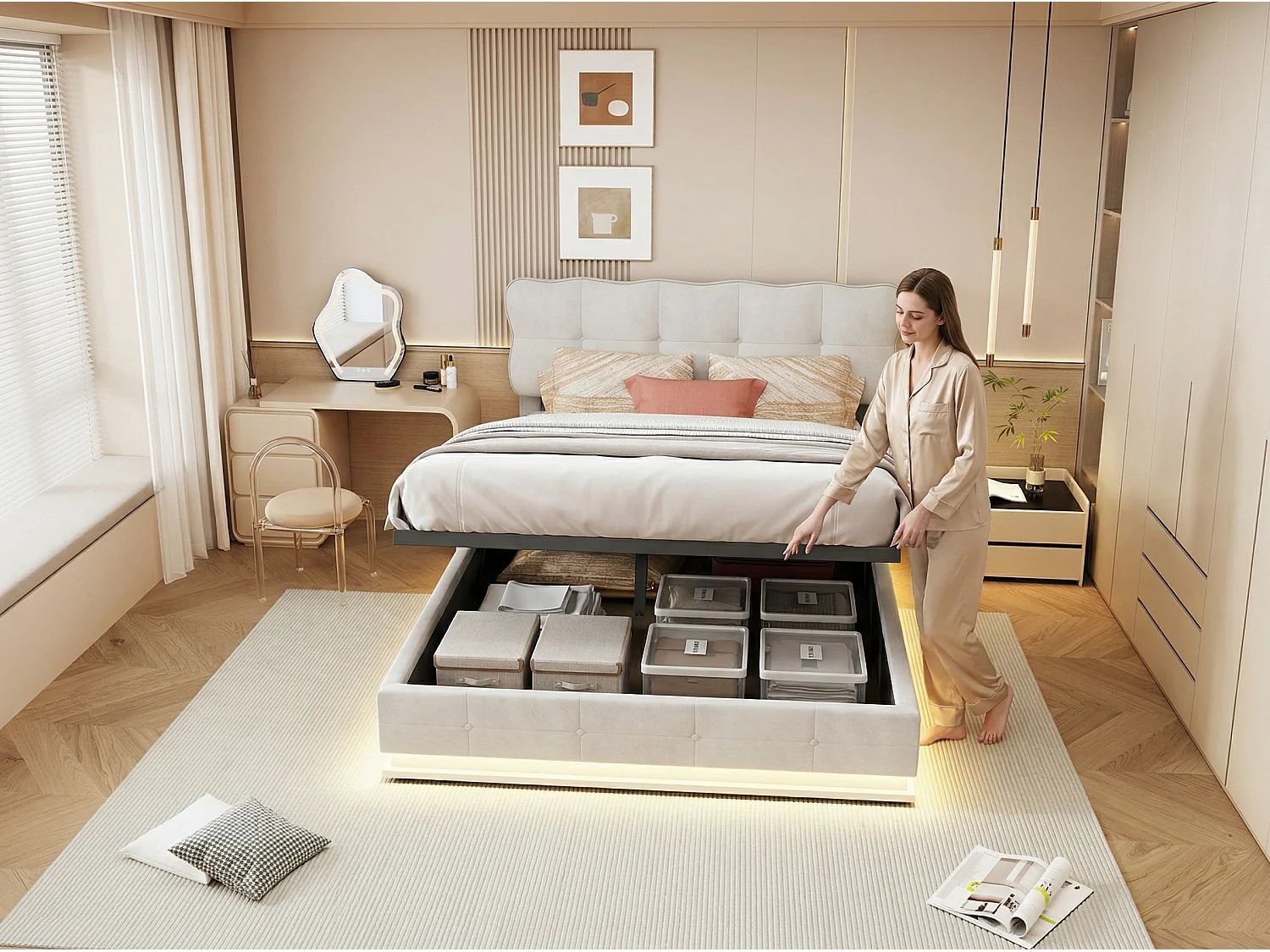 Lit coffre 140x200 cm - Lit rembourré velours Beige -avec LED - Sommier à lattes en bois