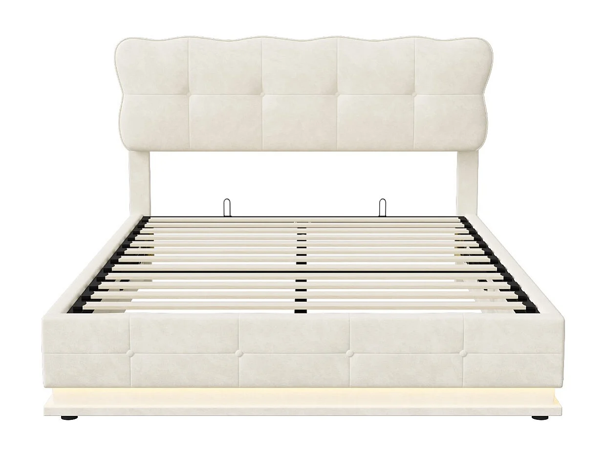 Lit coffre 140x200 cm - Lit rembourré velours Beige -avec LED - Sommier à lattes en bois