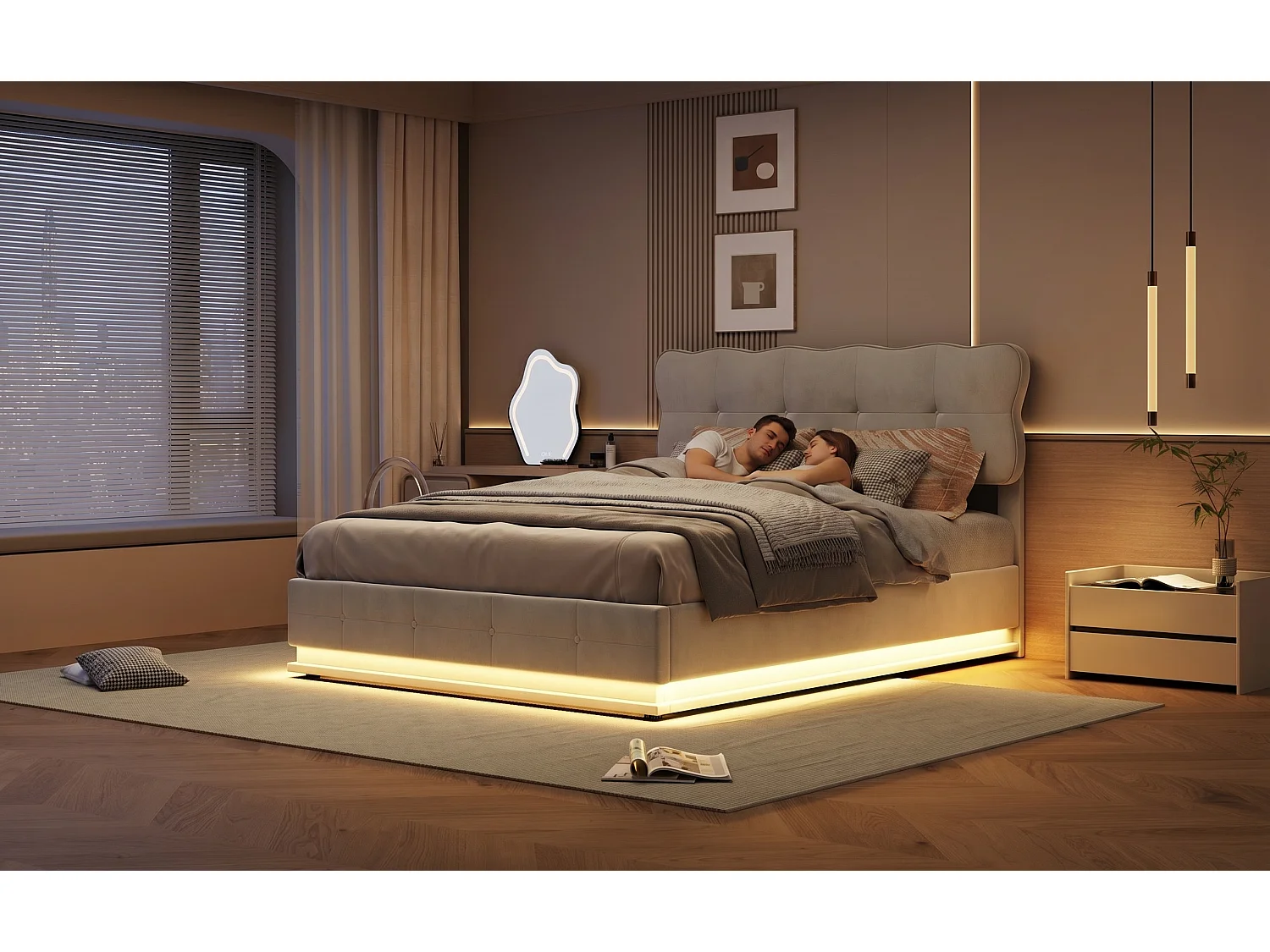 Lit coffre 140x200 cm - Lit rembourré velours Beige -avec LED - Sommier à lattes en bois