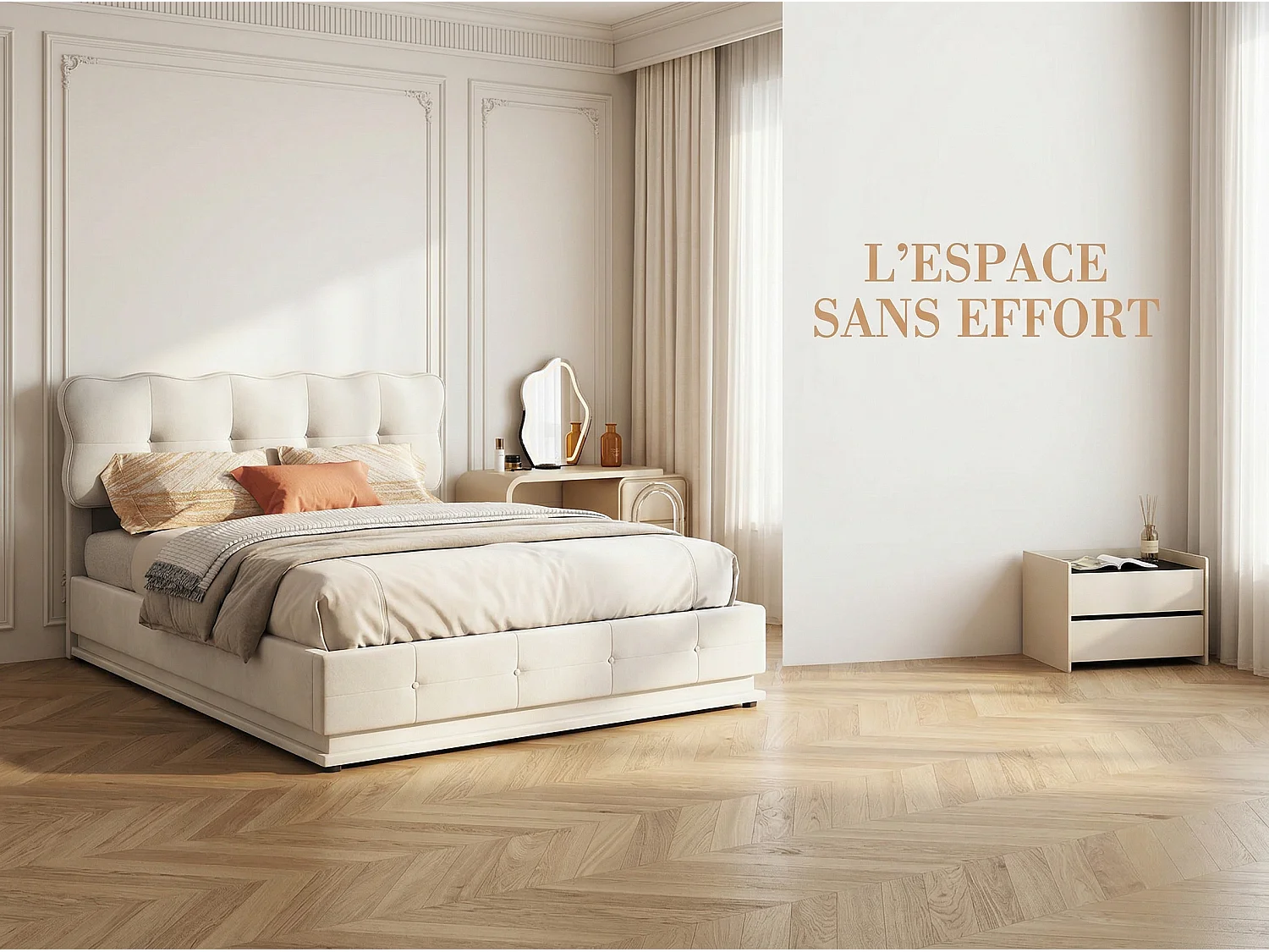 Lit coffre 140x200 cm - Lit rembourré velours Beige -avec LED - Sommier à lattes en bois