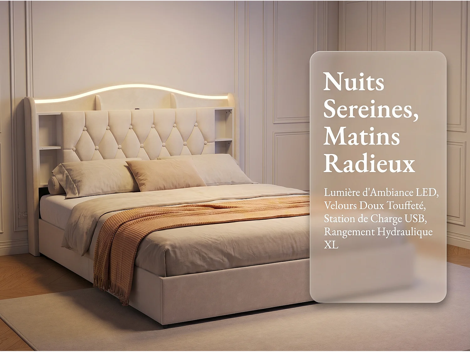Lit coffre 160x200 cm - velours - avec  LED et USB - tête de lit avec rangement