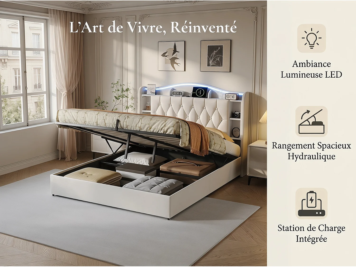 Lit coffre 160x200 cm - velours - avec  LED et USB - tête de lit avec rangement