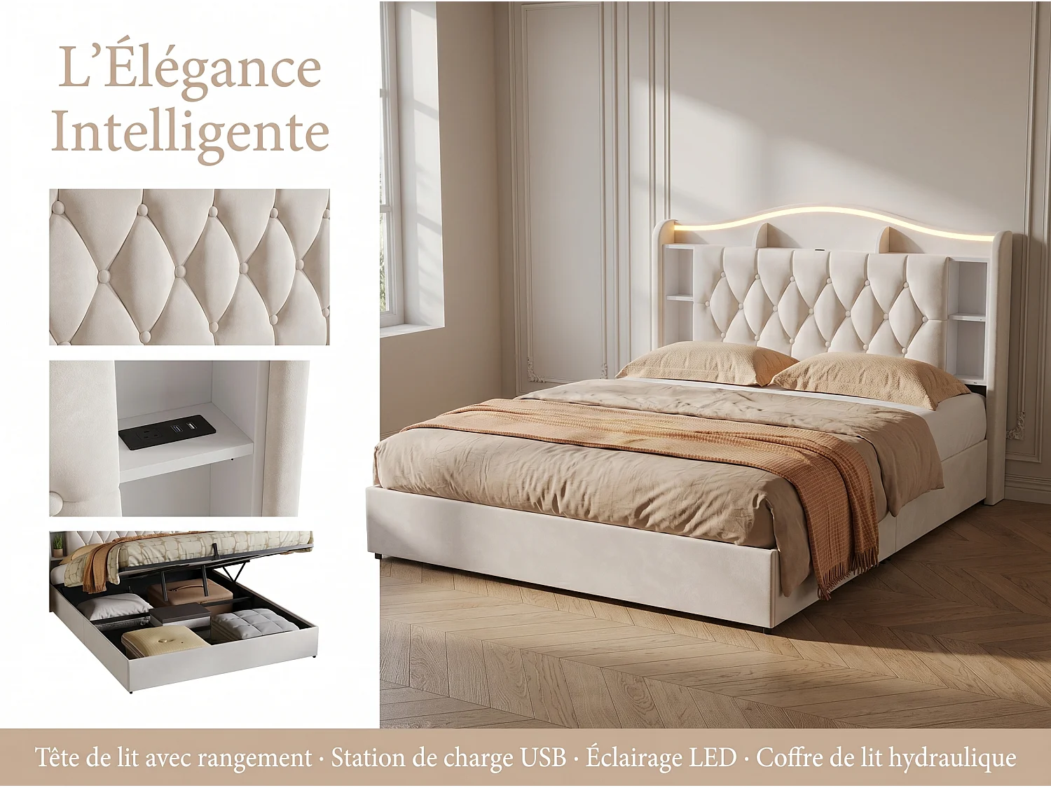 Lit coffre 160x200 cm - velours - avec  LED et USB - tête de lit avec rangement