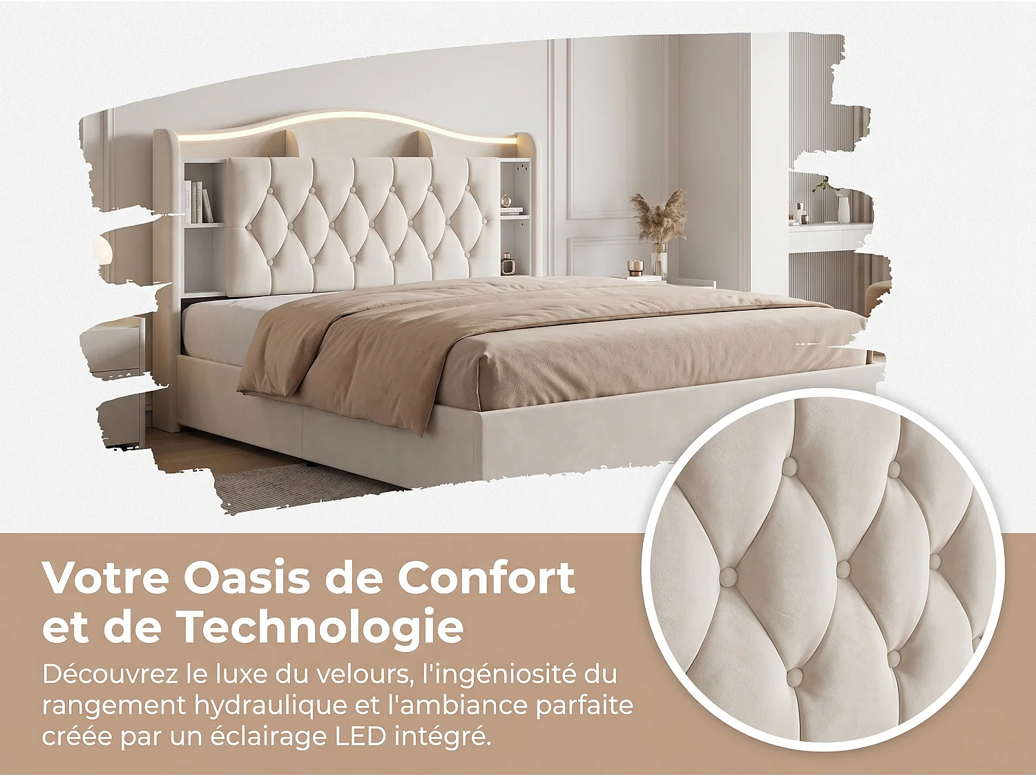 Lit coffre 160x200 cm - velours - avec  LED et USB - tête de lit avec rangement