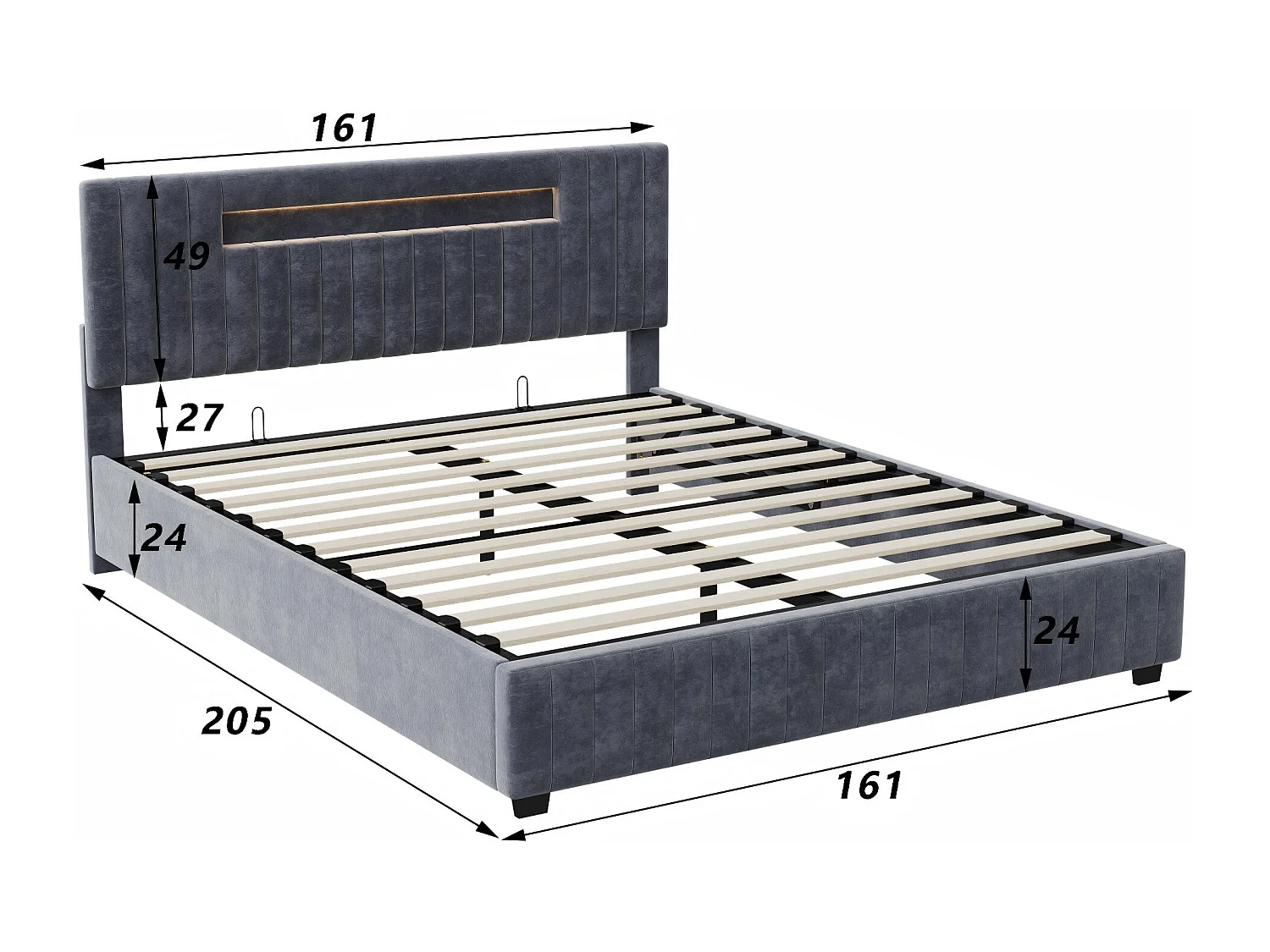 Lit coffre rembourré 160x200 cm - LED RGB intégrée - Velours gris - Grand rangement - Sommier à lattes inclus