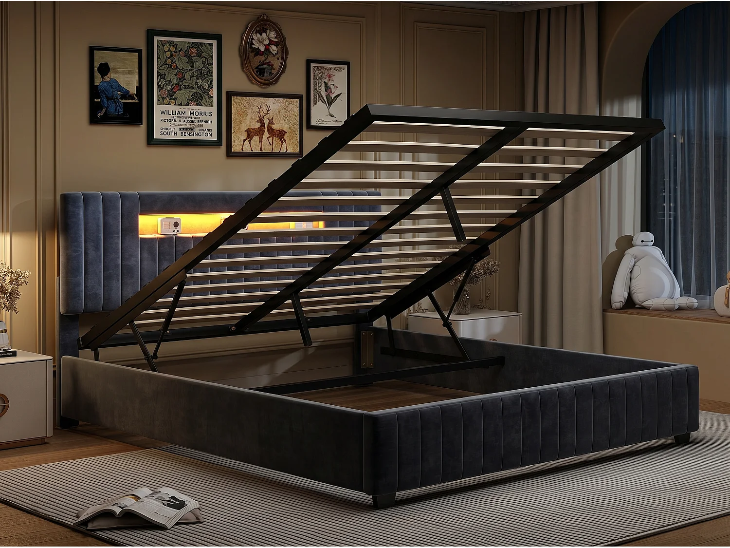 Lit coffre rembourré 160x200 cm - LED RGB intégrée - Velours gris - Grand rangement - Sommier à lattes inclus