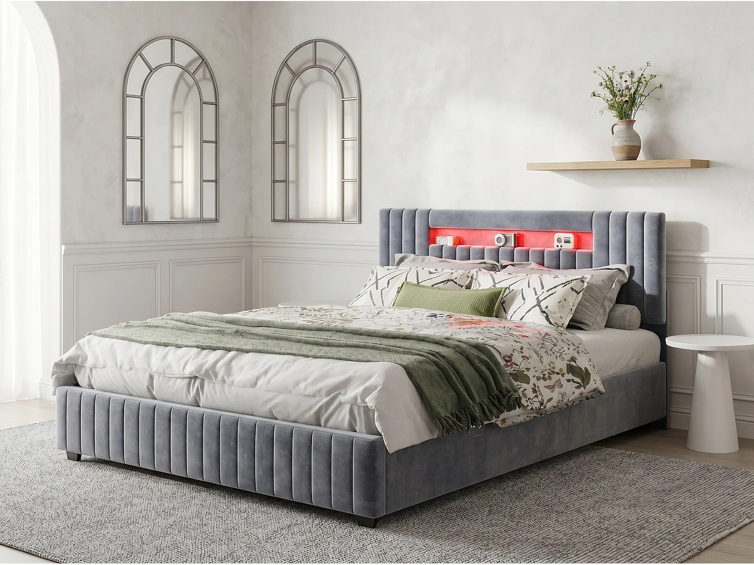 Lit coffre rembourré 160x200 cm - LED RGB intégrée - Velours gris - Grand rangement - Sommier à lattes inclus