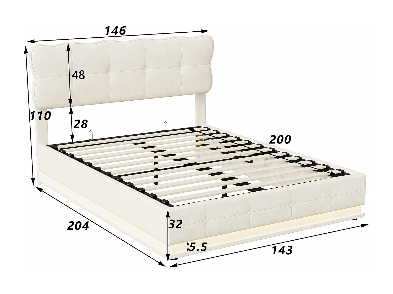 Lit coffre 160x200 cm avec LED RGB, lit capitonné velours beige, sommier relevable, grand rangement, design moderne